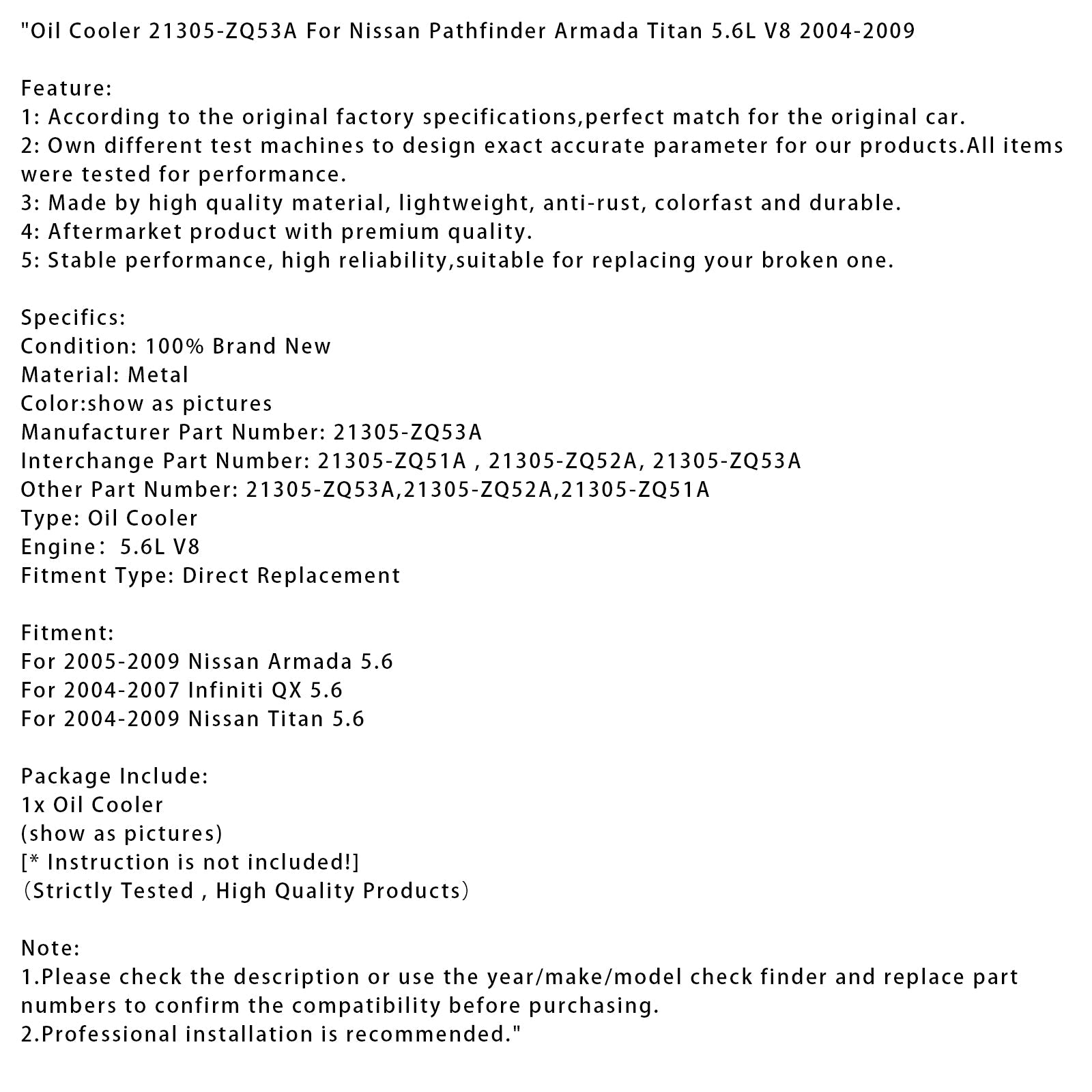 Relier olio 21305-ZQ53A per Nissan Pathfinder Armada Titan 5.6L V8 2004-2009