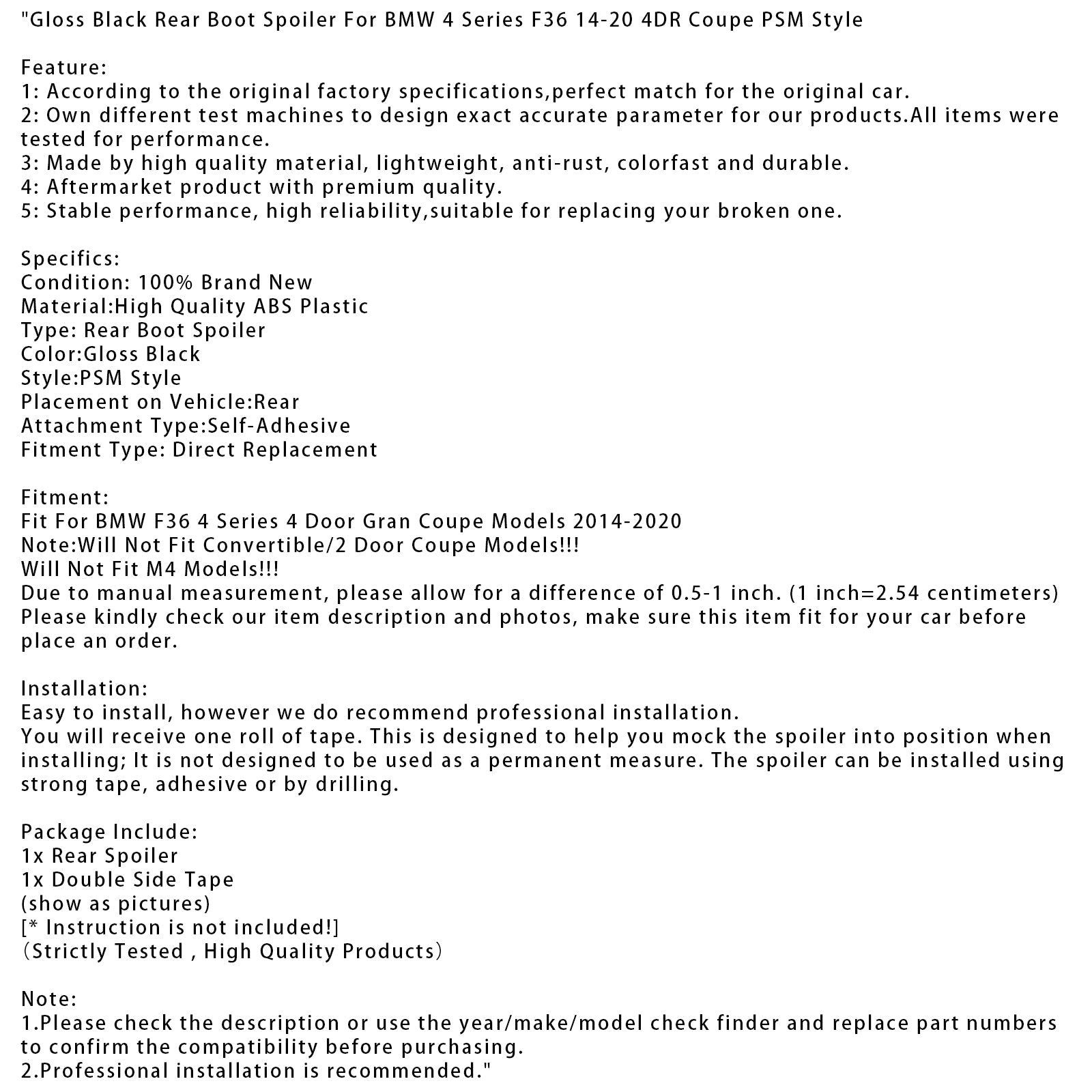 Spoiler posteriore per bagagliaio in stile PSM nero lucido per BMW Serie 4 F36 Coupé a 4 porte (2014-2020)