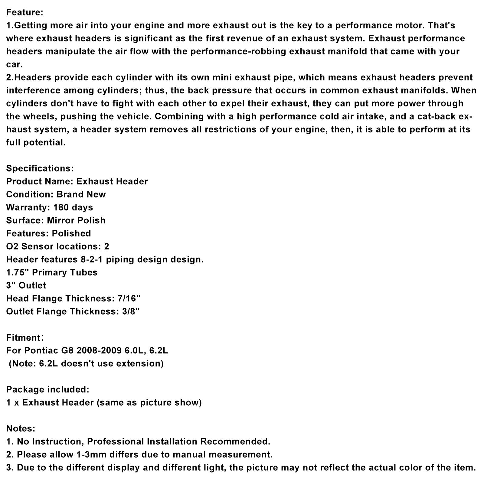 Collecteur d'échappement en acier inoxydable pour Pontiac G8 6.0L et 6.2L (2008-2009)