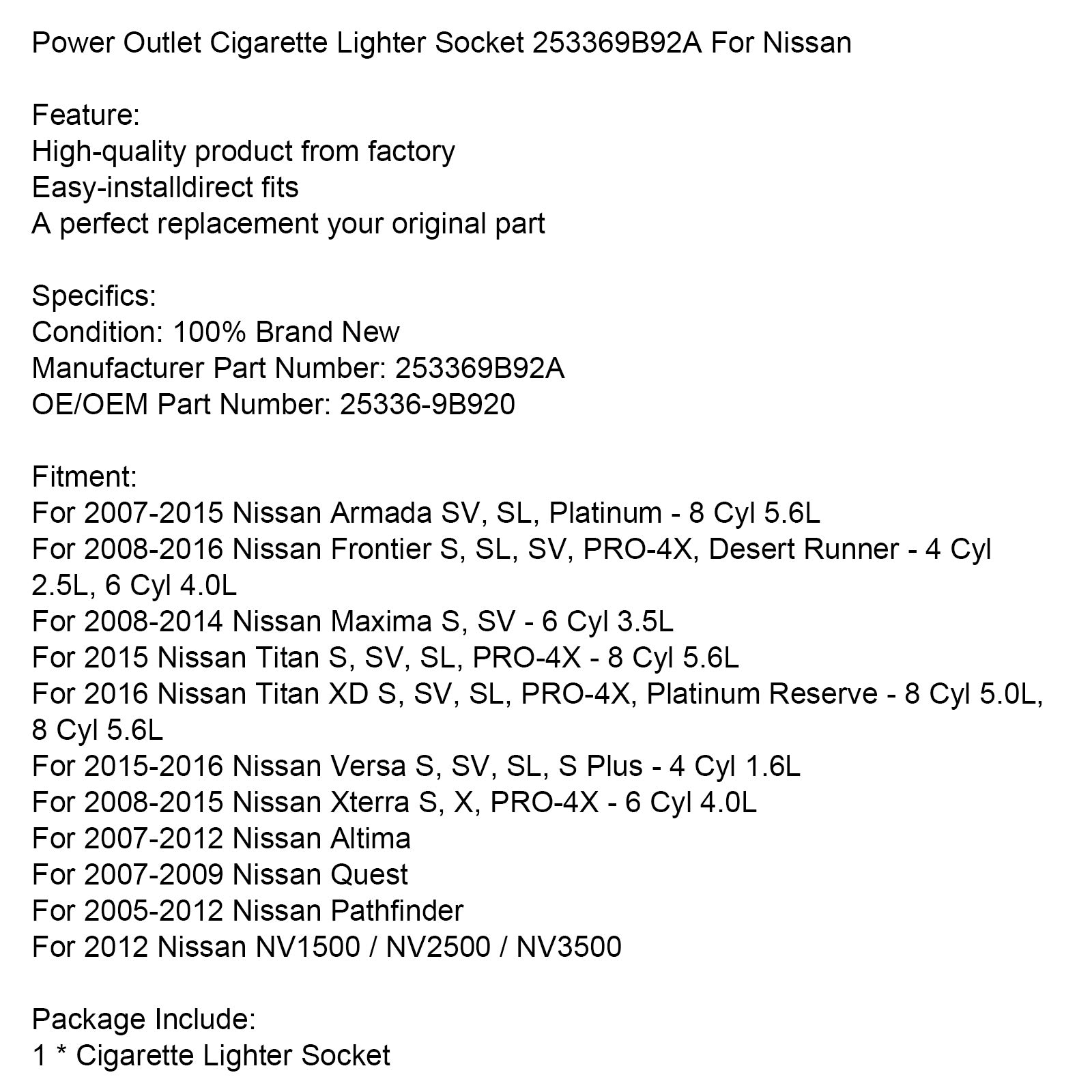 Toma de corriente para encendedor de cigarrillos 253369B92A para Nissan