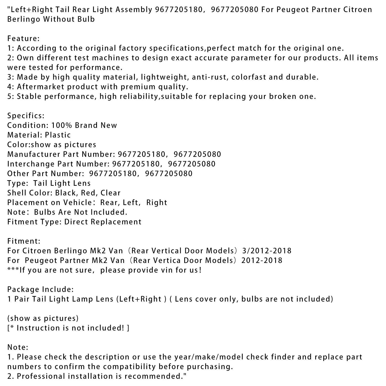 Conjunto de luz trasera izquierda y derecha PEUGEOT S, Citroën Berlingo, 3/2012-2018