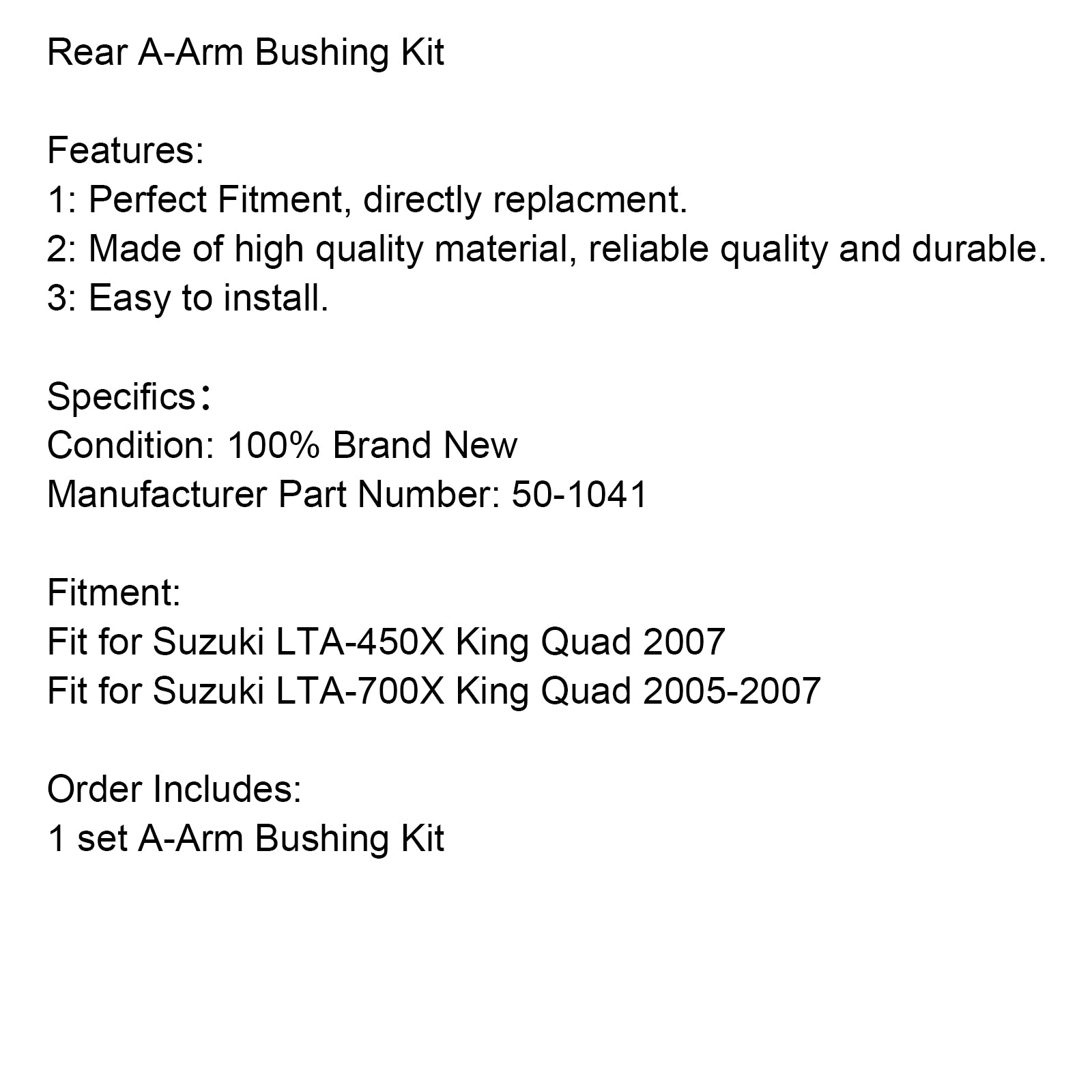 Pour Suzuki 450 700 King Quad LTA-450X LTA-700X Kit de bagues de bras triangulaire arrière 50-1041