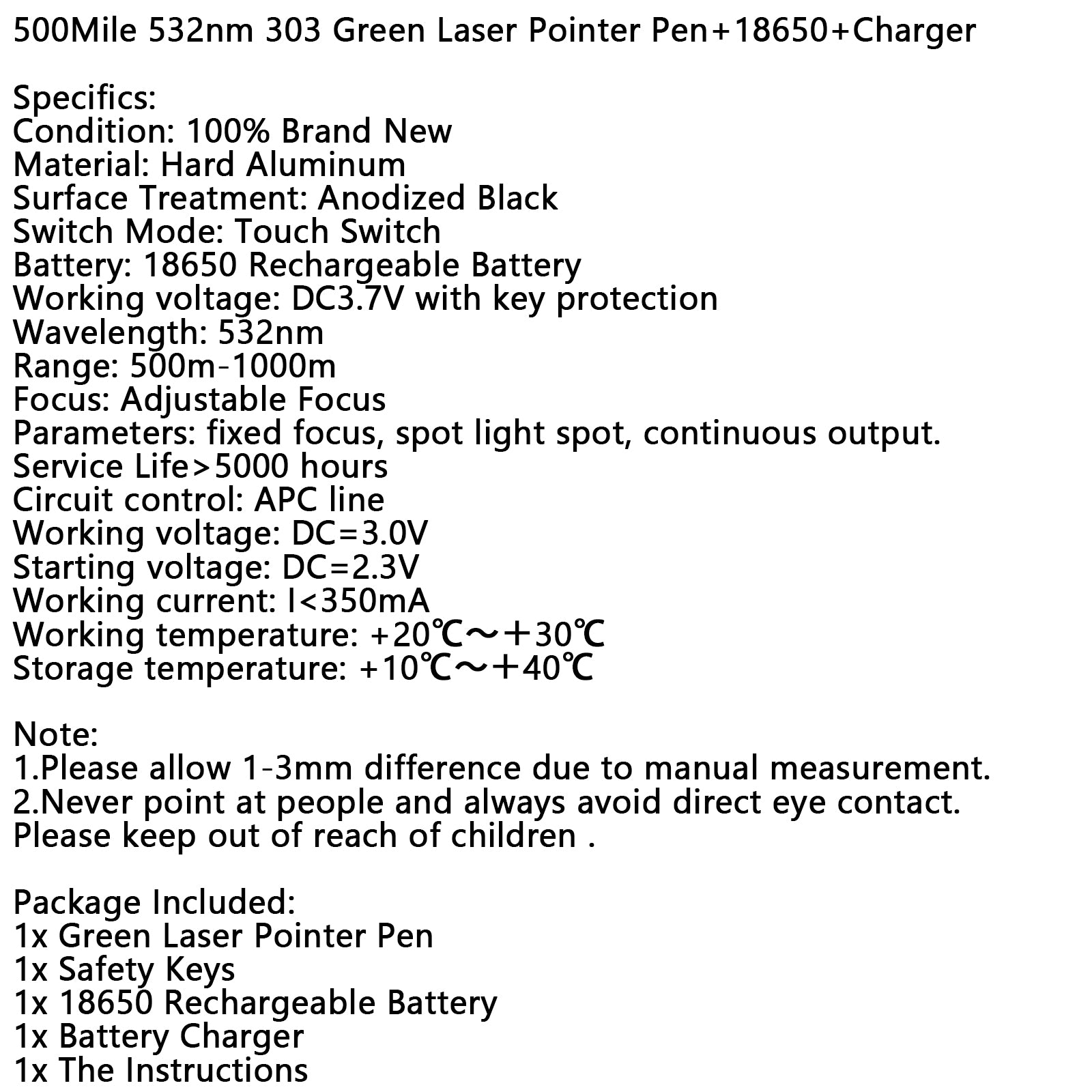 500Mile 532nm 303 Green Laser Pointer Visible Beam Light Lazer Pen+18650+Charger