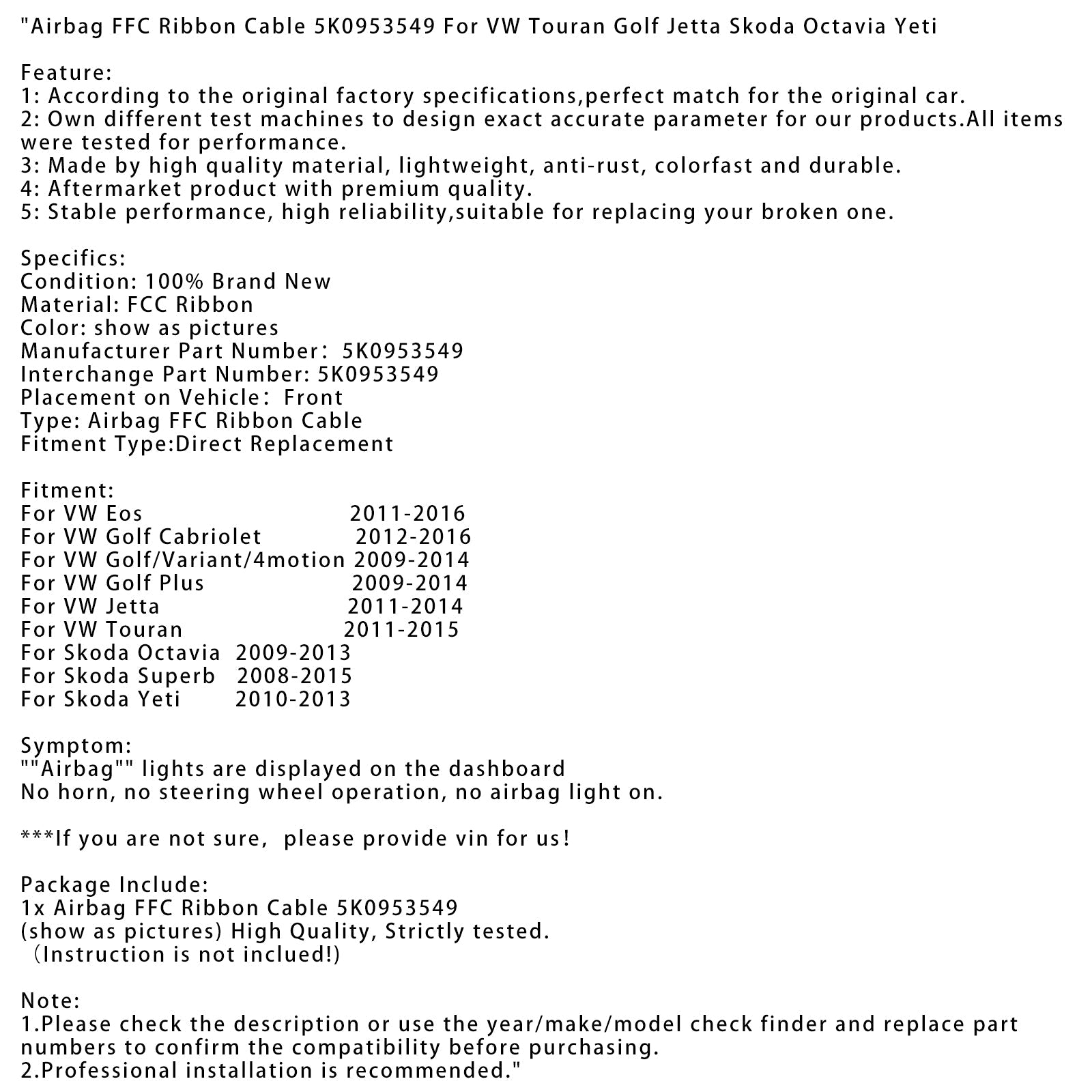 FFC tračni kabel za zračno blazino Skoda Superb 2008-2015 5K0953549