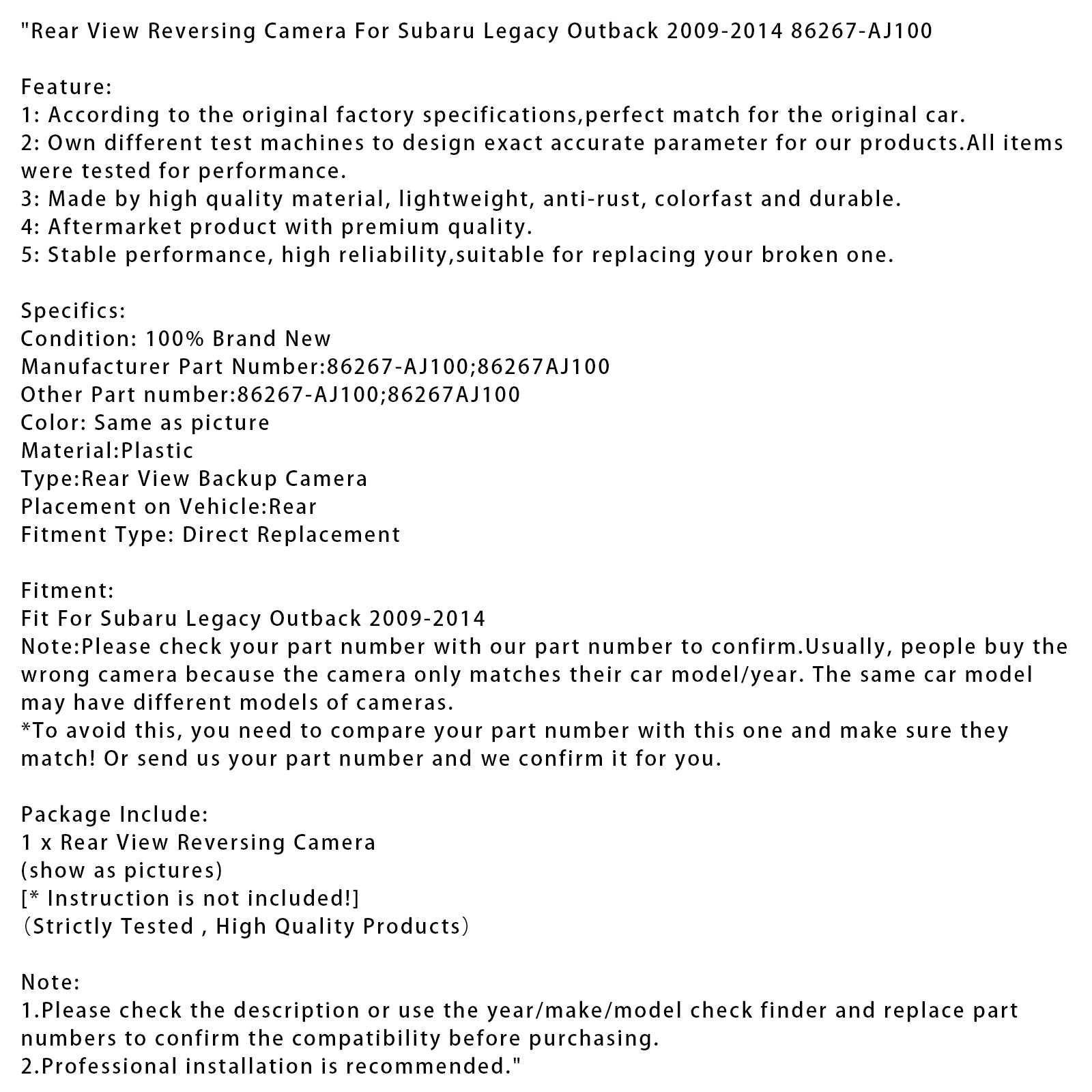 Caméra de recul pour Subaru Legacy Outback 2009-2014 (référence 86267-AJ100)