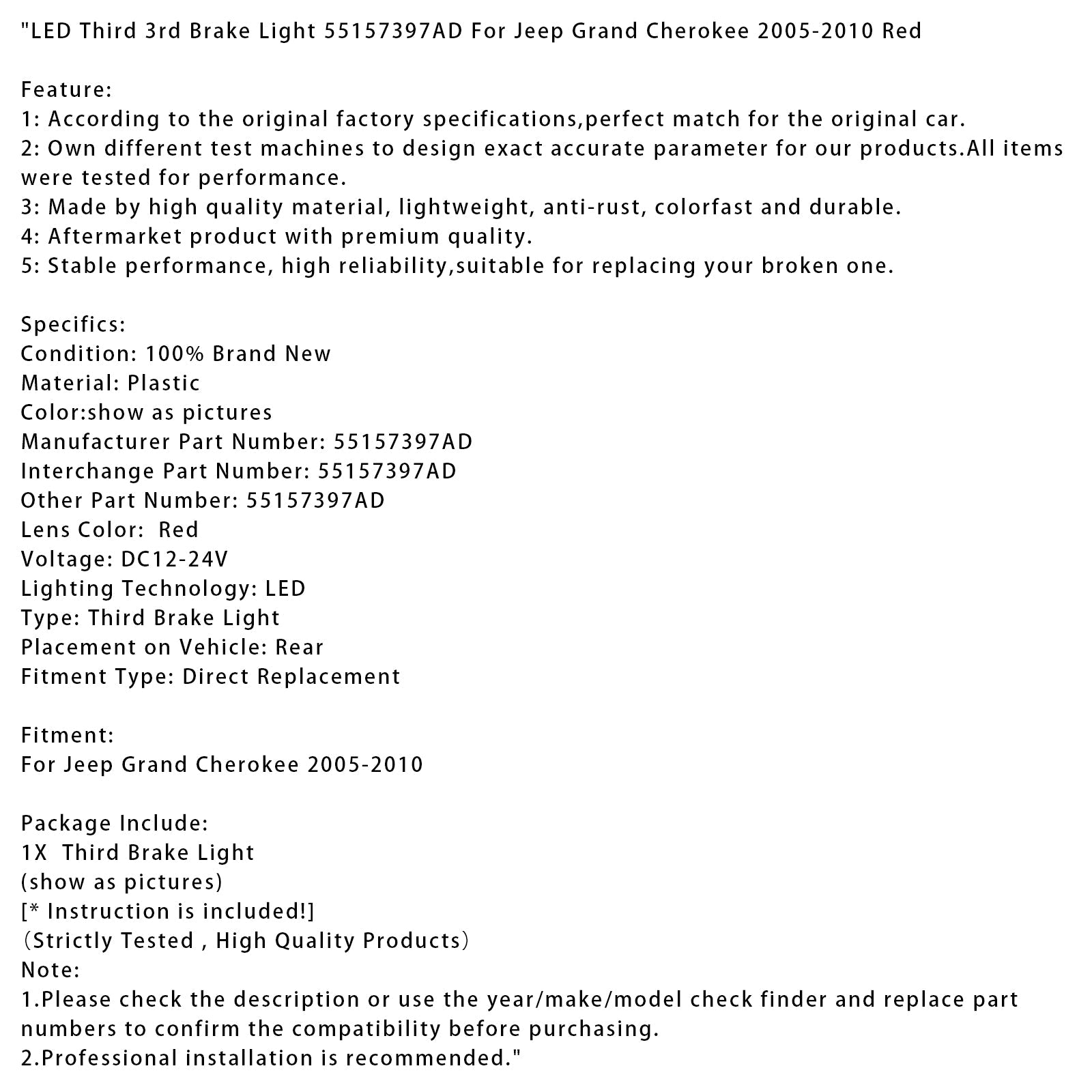 Tercera luz de freno LED roja para Jeep Grand Cherokee 2005-2010 (55157397AD)