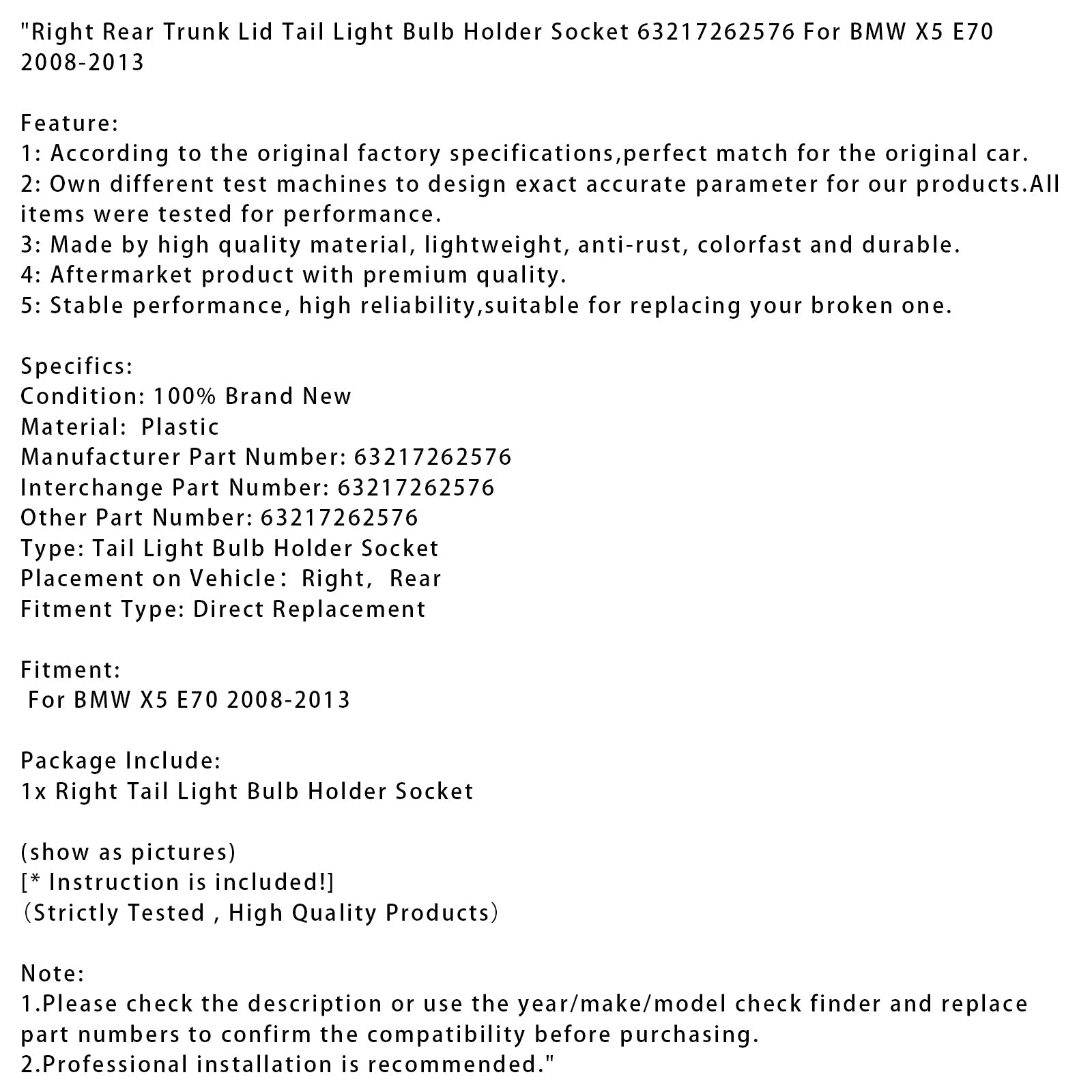 Douille de support d'ampoule de feu arrière droit pour couvercle de coffre arrière BMW X5 E70 2008-2013