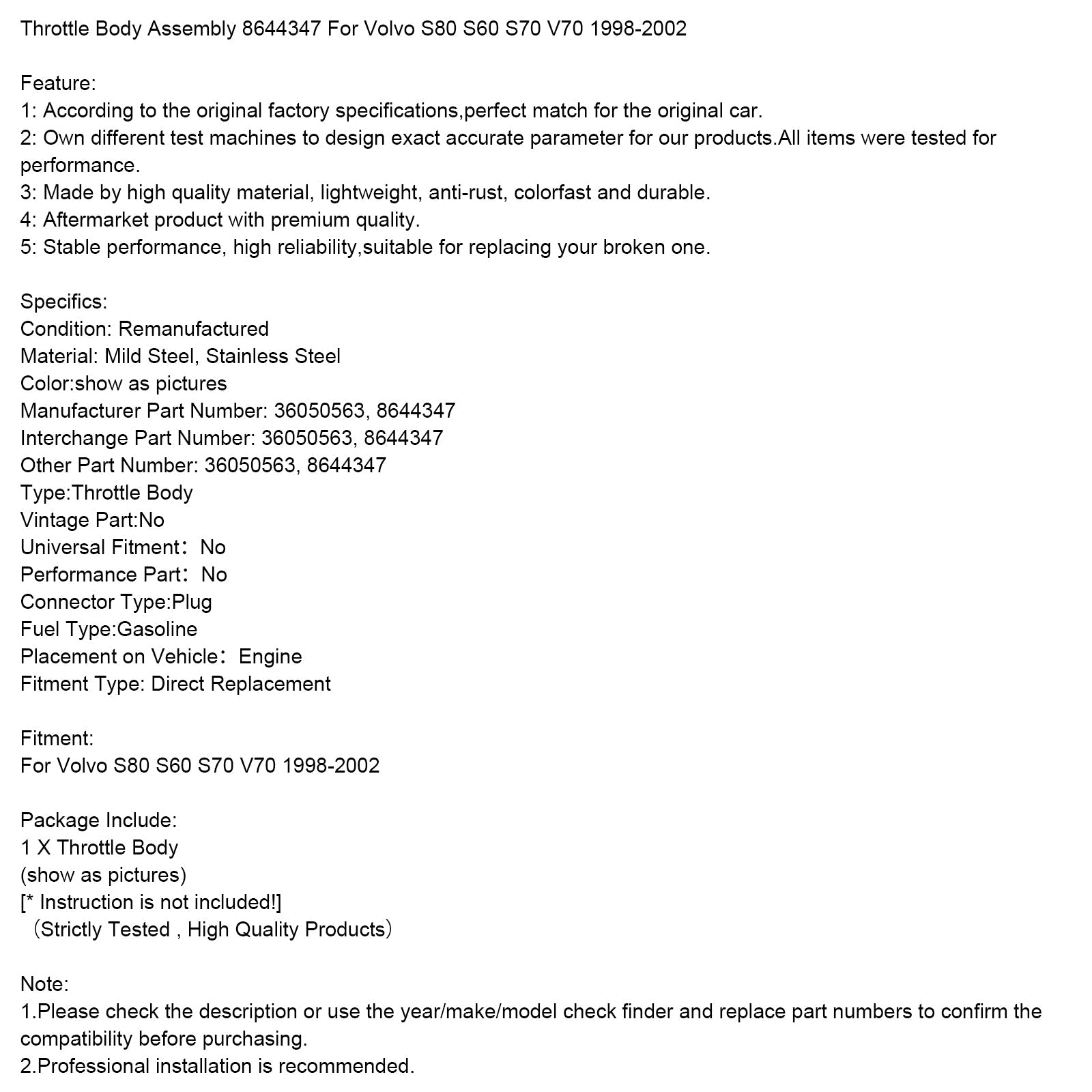 Ensemble de corps de papillon 8644347 pour Volvo S80, S60, S70, V70, 1998-2002