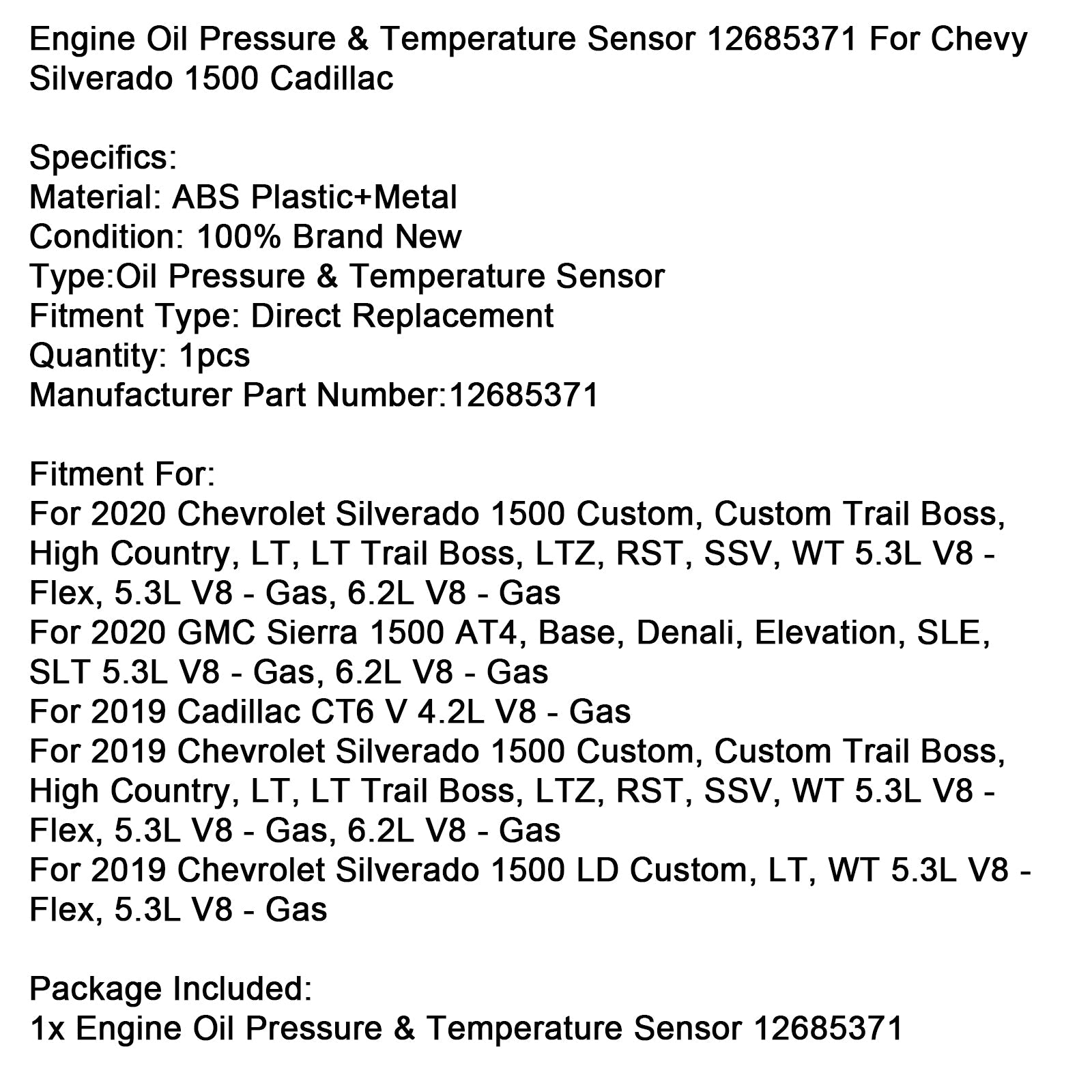 Czujnik ciśnienia i temperatury' olej silnikowy 12685371 do Chevrolet Silverado Cadillac