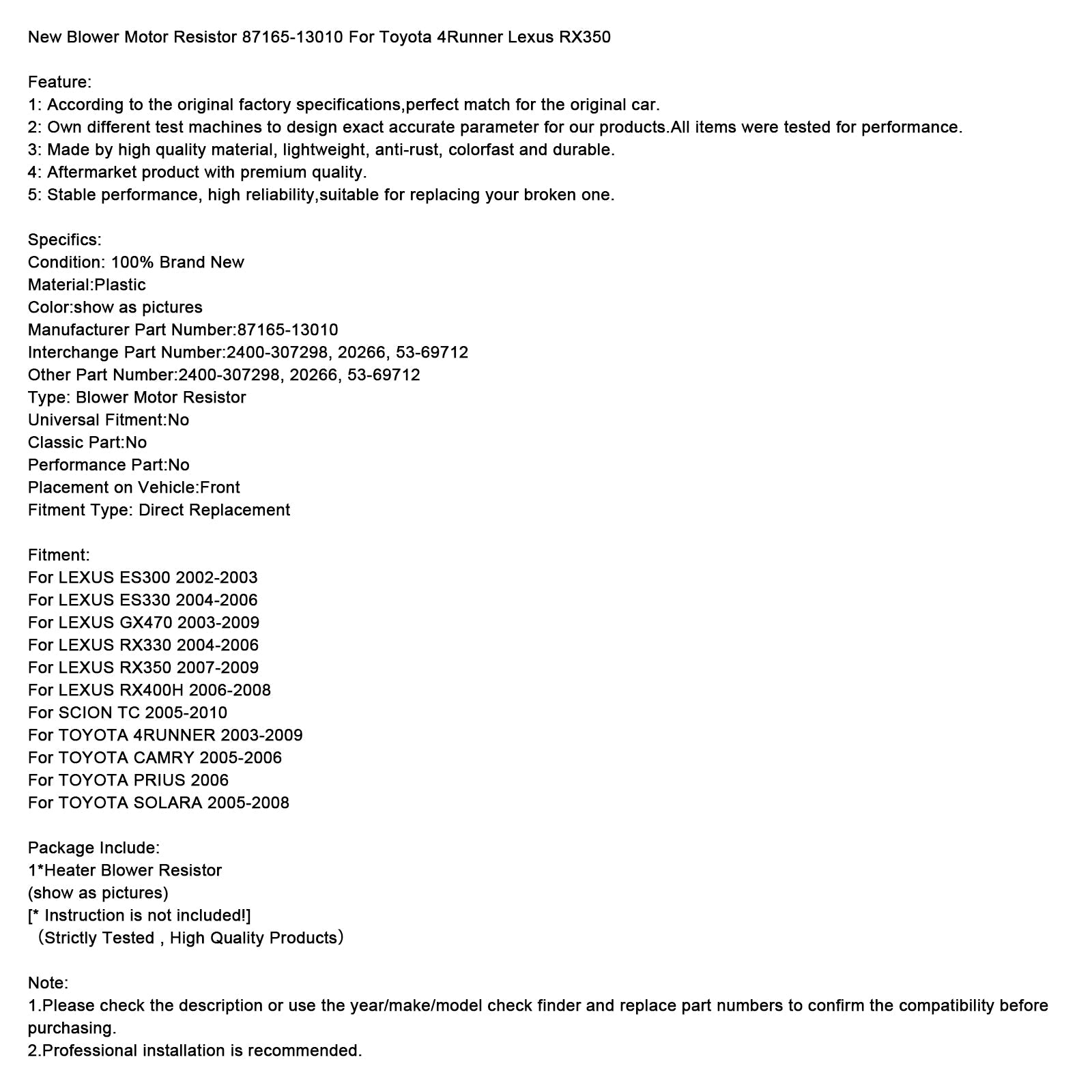 Nuevo ventilador de resistencia al motor 87165-13010 para Toyota 4Runner y Lexus RX350