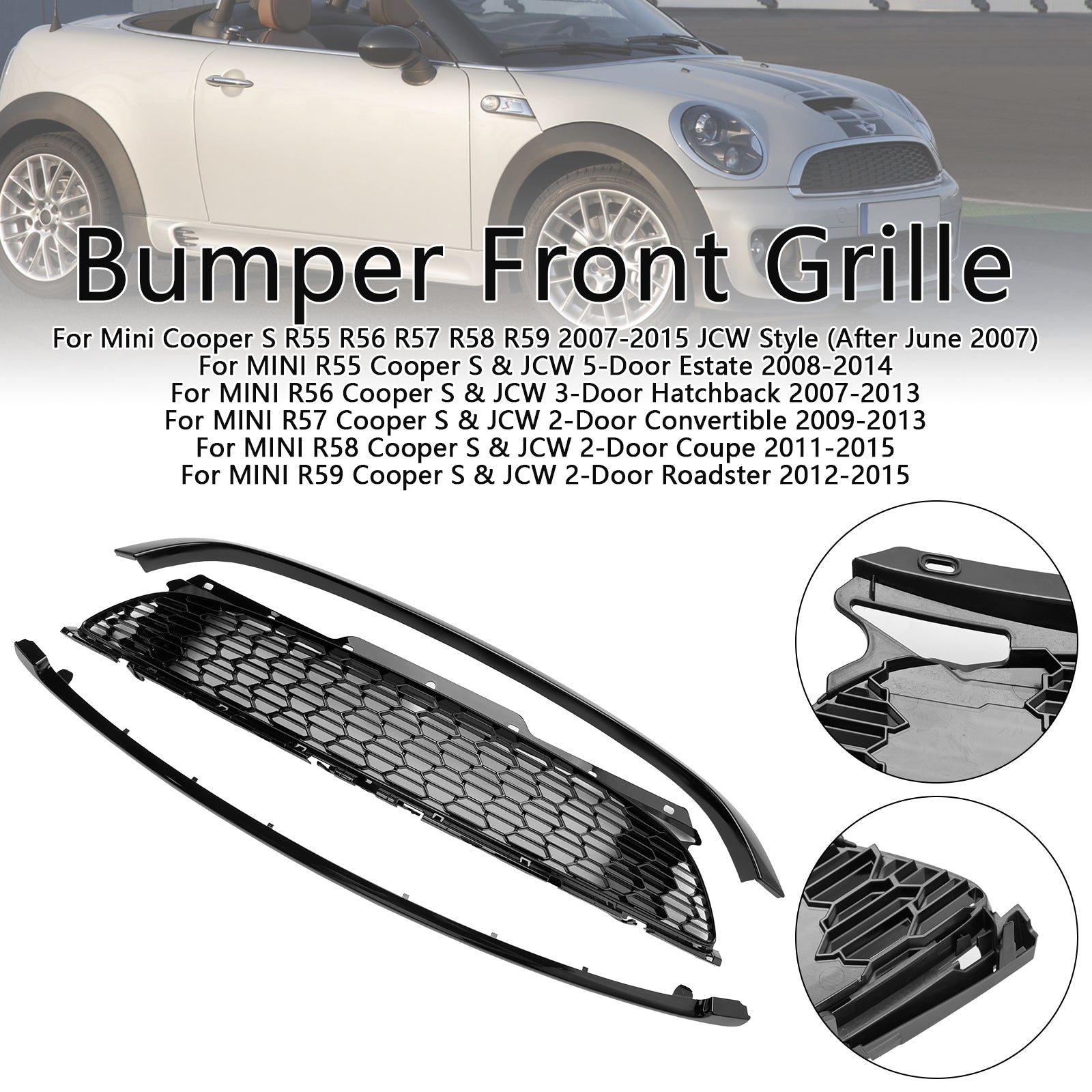 Parrilla frontal de riñón negra brillante de 3 piezas para Mini R55 R56 R57 R58 R59 Cooper S y JCW