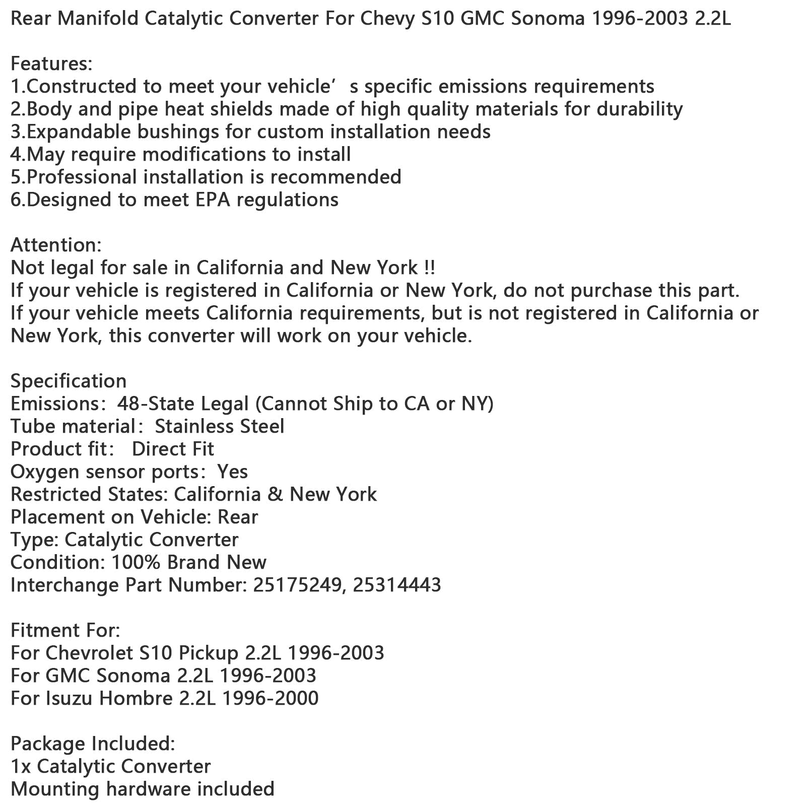 Katalizator zadnjega kolektorja za Chevy S10 GMC Sonoma 1996-2003 2.2L 25175249, 25314443