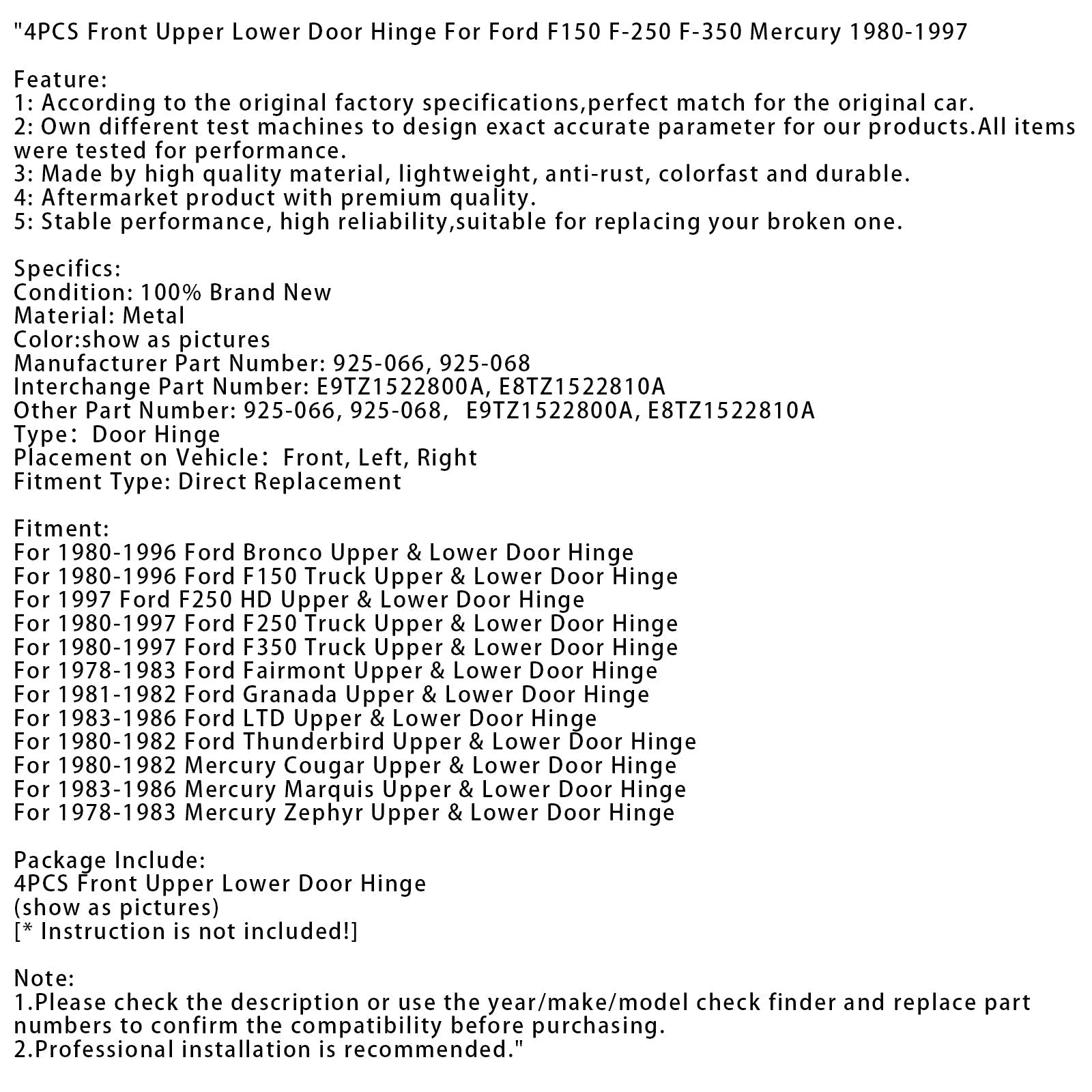 1983-1986 Ford LTD Bisagra de puerta superior e inferior 4 piezas Bisagra de puerta delantera superior inferior 925-066