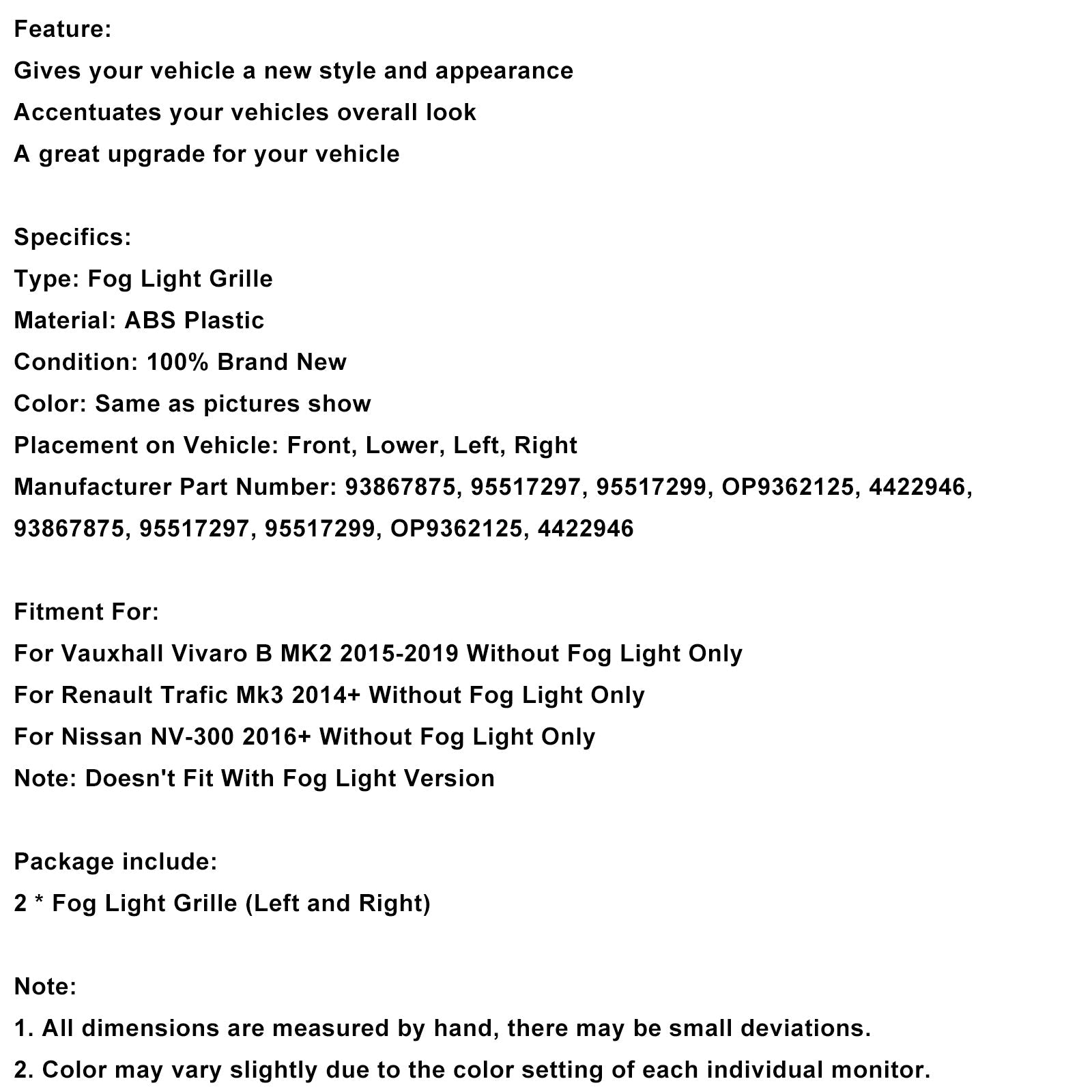 Conjunto de 2 cuadrículas protectoras para luces antiniebla delantera para Opel Vivaro B MK2 2015-2019