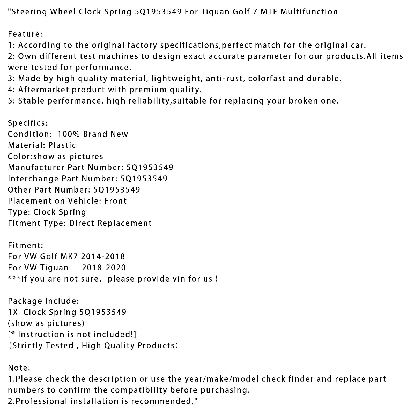 Ressort de volant pour VW Tiguan 2018-2020 5Q1953549