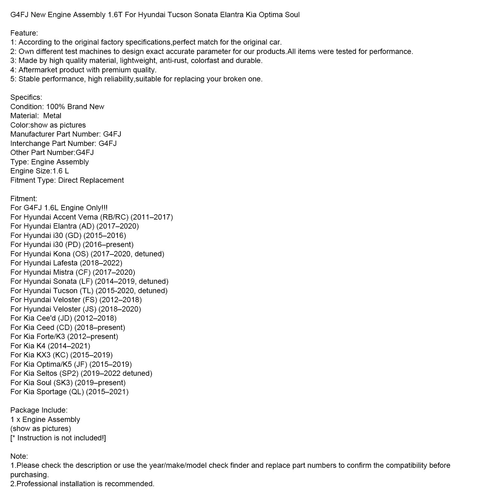 Blok motorja G4FJ 1.6T - primeren za 20+ modelov Hyundai in Kia (2011-2022)