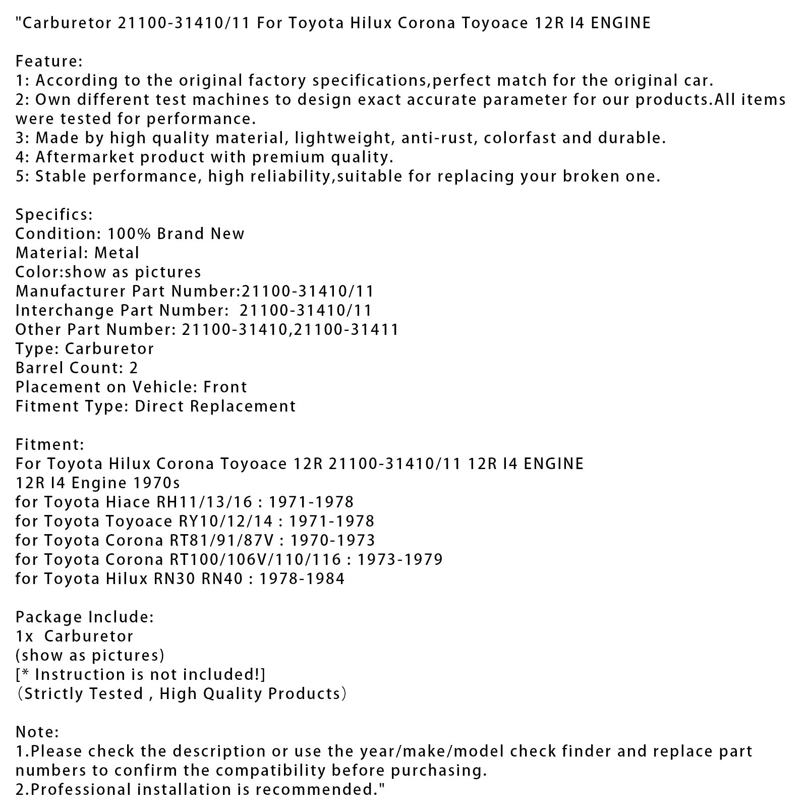 Gaźnik 21100-31410/11 dla Toyota Hilux Corona Toyoace 12R Silnik
