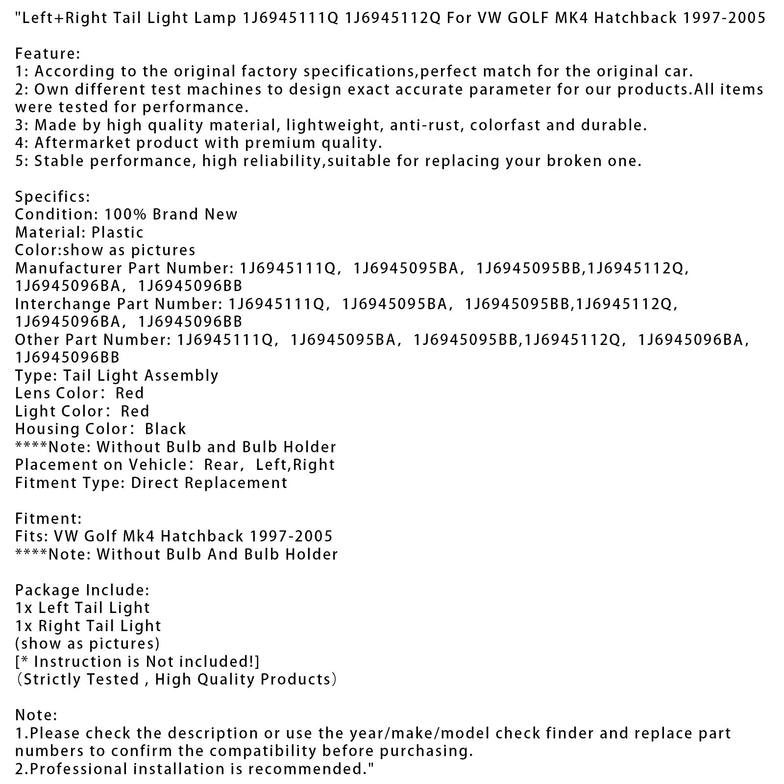 Leva in desna zadnja luč za VW Golf MK4 Hatchback (1997-2005) J6945111Q 12Q