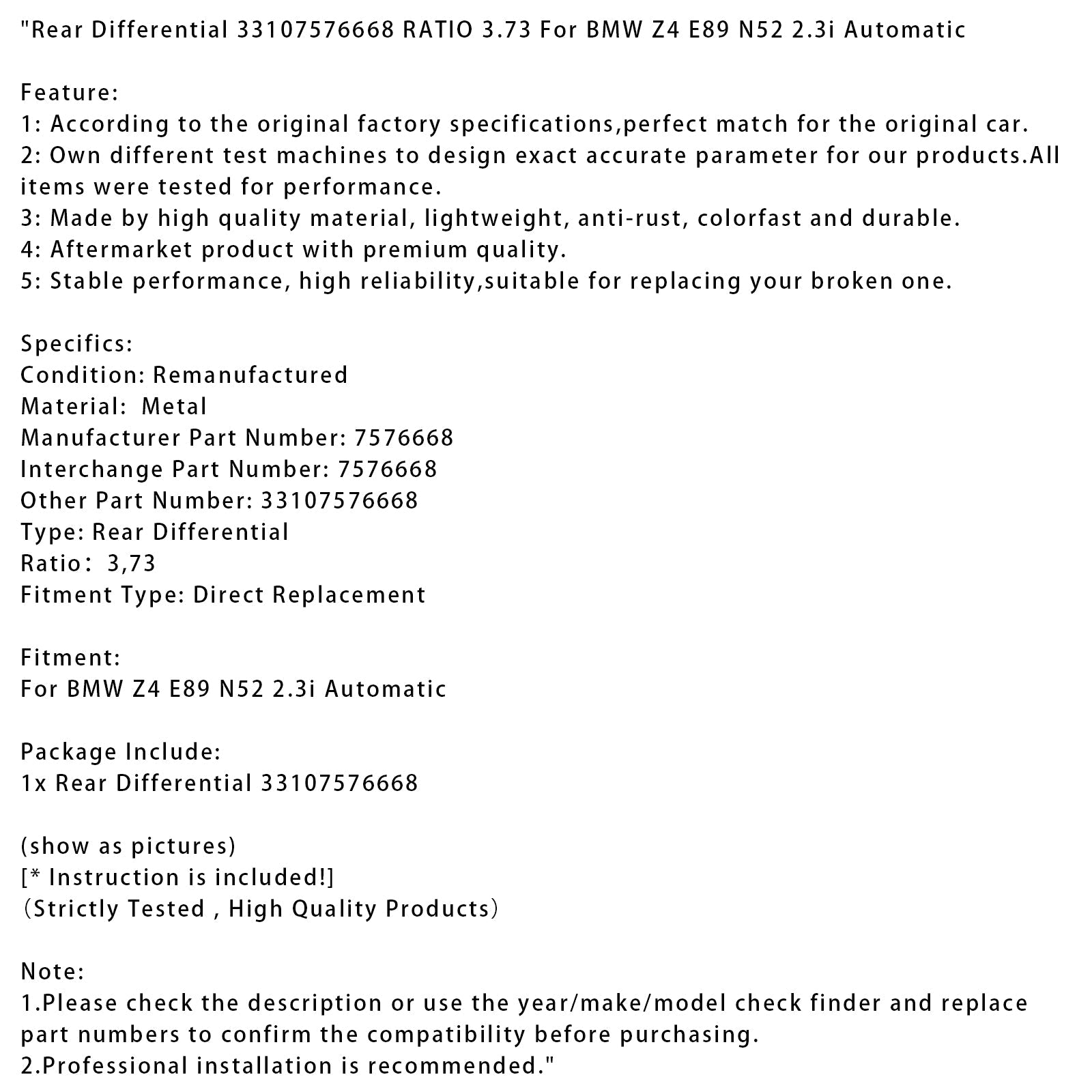 BMW Z4 E89 N52 2.3i Diferencial trasero automático 331075766668 Relación 3.73