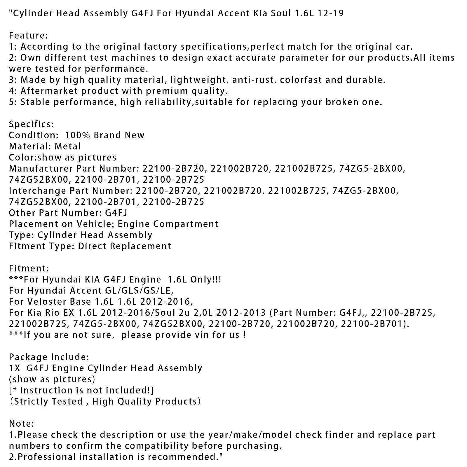 Culasse de base Veloster 1,6 L 2012-2016 Hyundai KIA G4FJ moteur 1,6 L G4FJ 22100-2B720