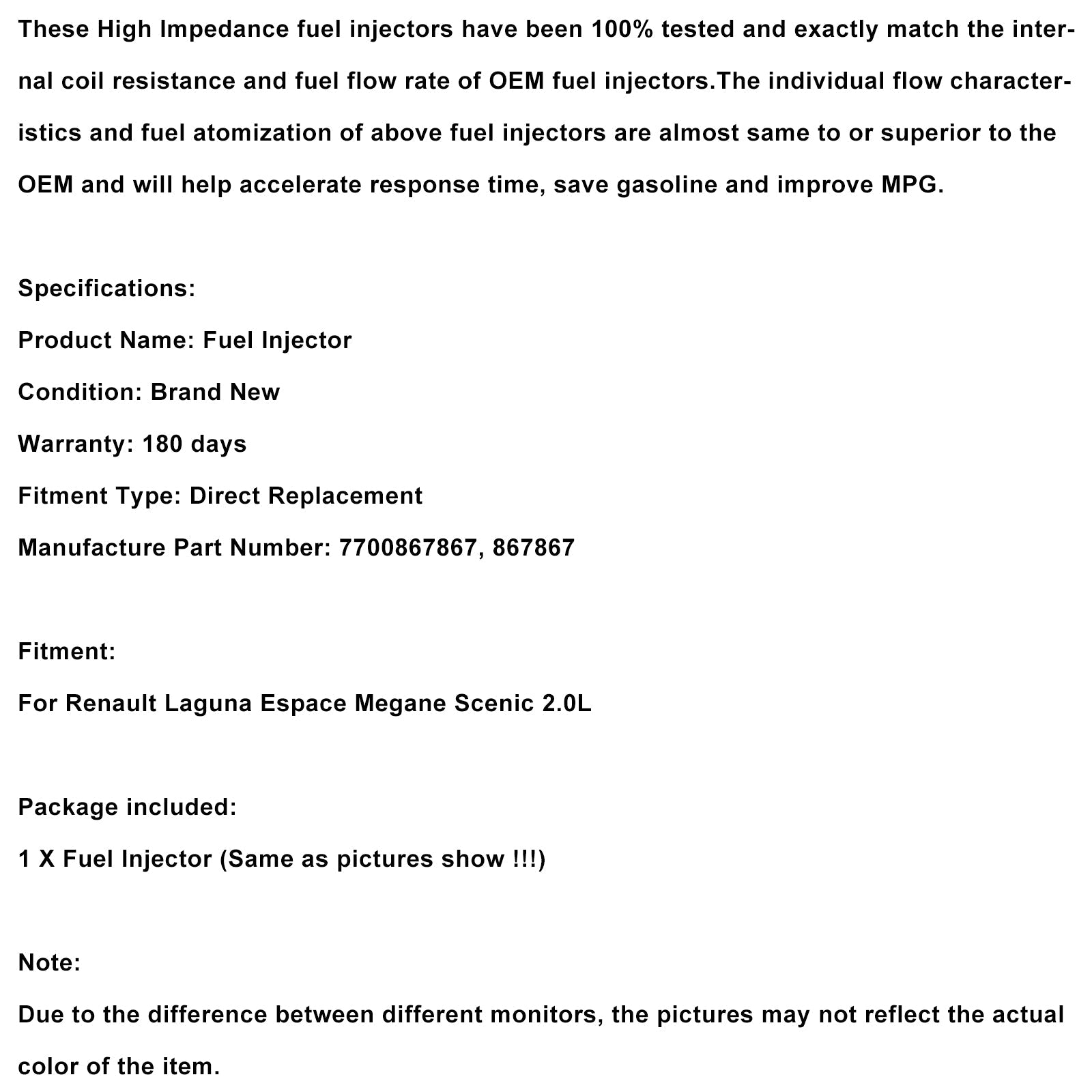 Inyector de combustible 7700867867 para Renault Laguna Espace Megane Scenic 2.0L