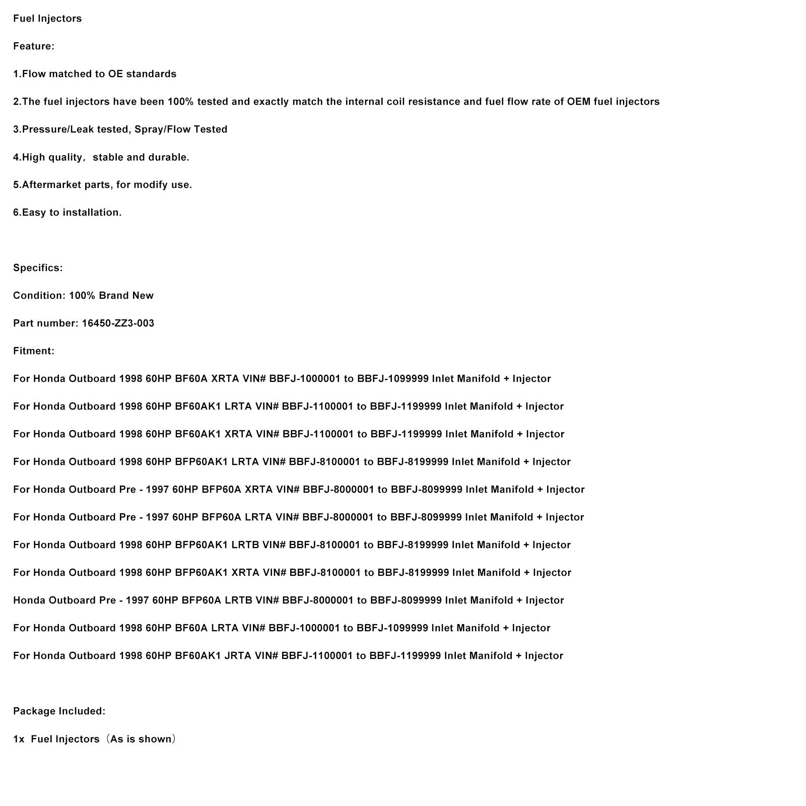 Inyectores de combustible compatibles con Honda BF60A 60HP 1998, número de pieza 16450-ZZ3-003