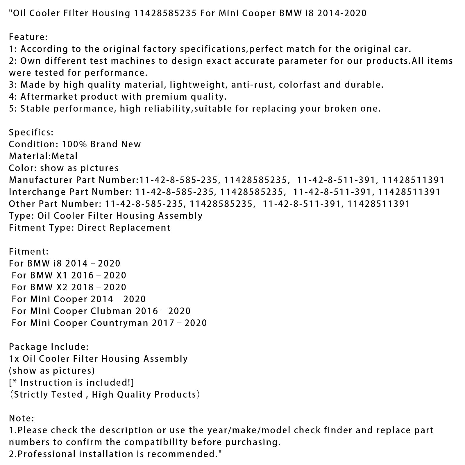 Koelerfilterbehuizing'olie BMW i8 2014-2020 11428585235