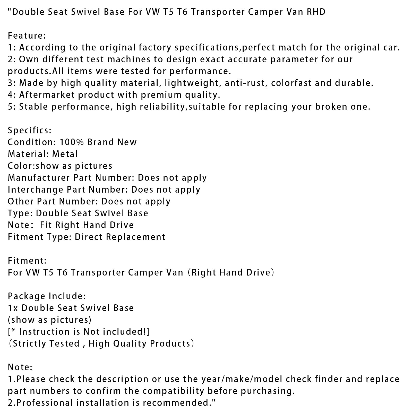 VW T5 T6 Transporter Camper Van RHD Double Seat Pivotant Base