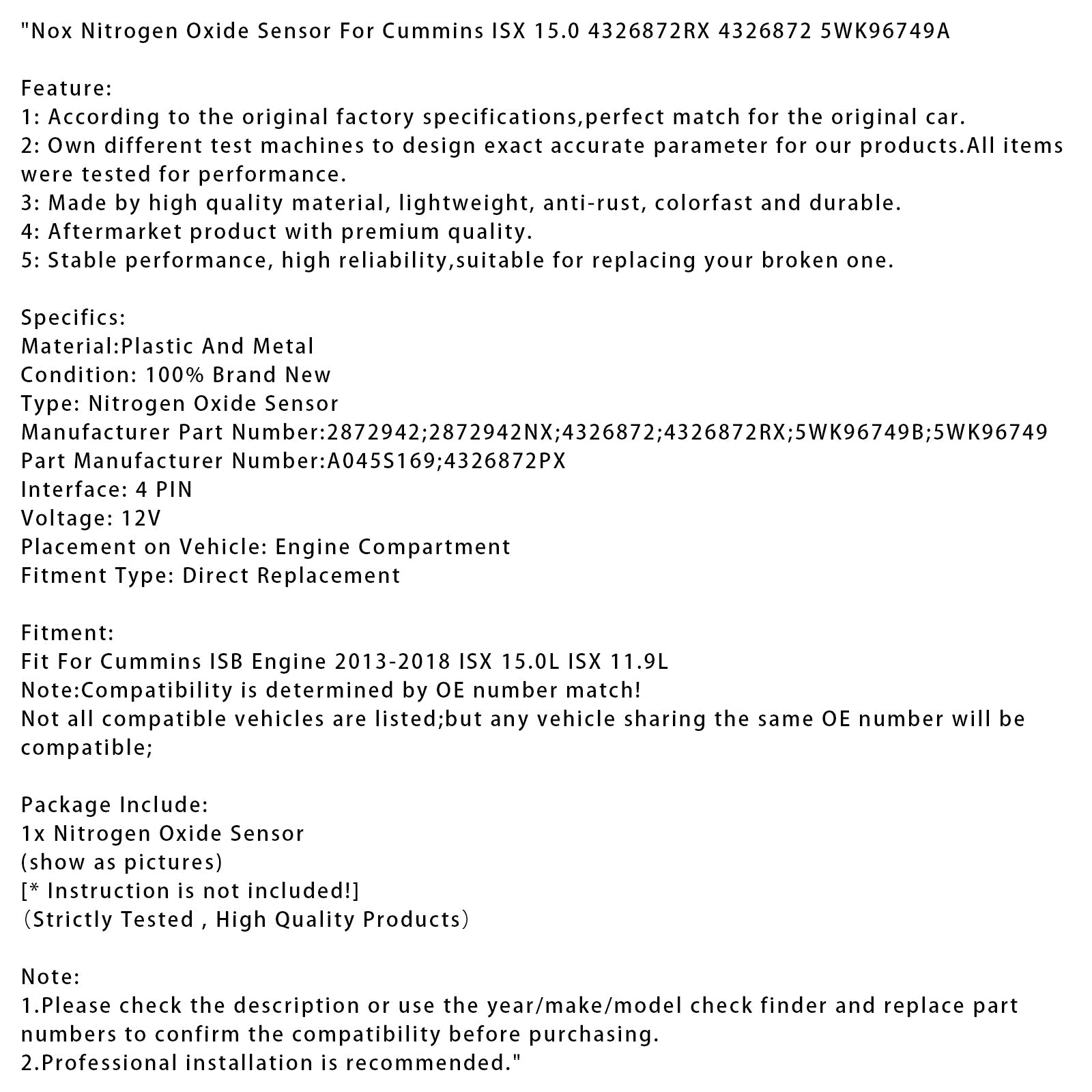 Senzor d'oksid&dušik NOX za Cummins ISX 15.0 4326872RX 4326872 5WK96749A