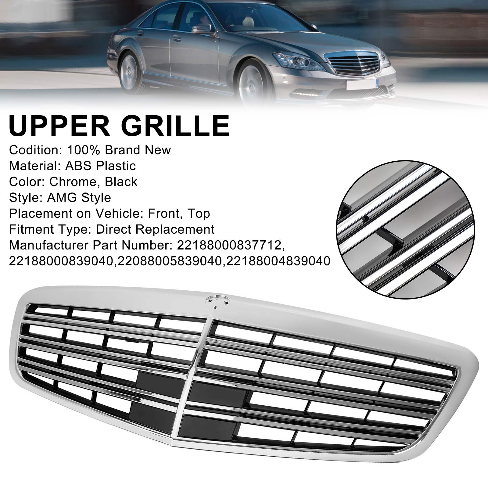 Grille de pare-chocs avant style AMG pour Mercedes-Benz S-Class W221 S400 S450 S550 S600 S65 S63 2010-2013, pièce générique 22188000837712