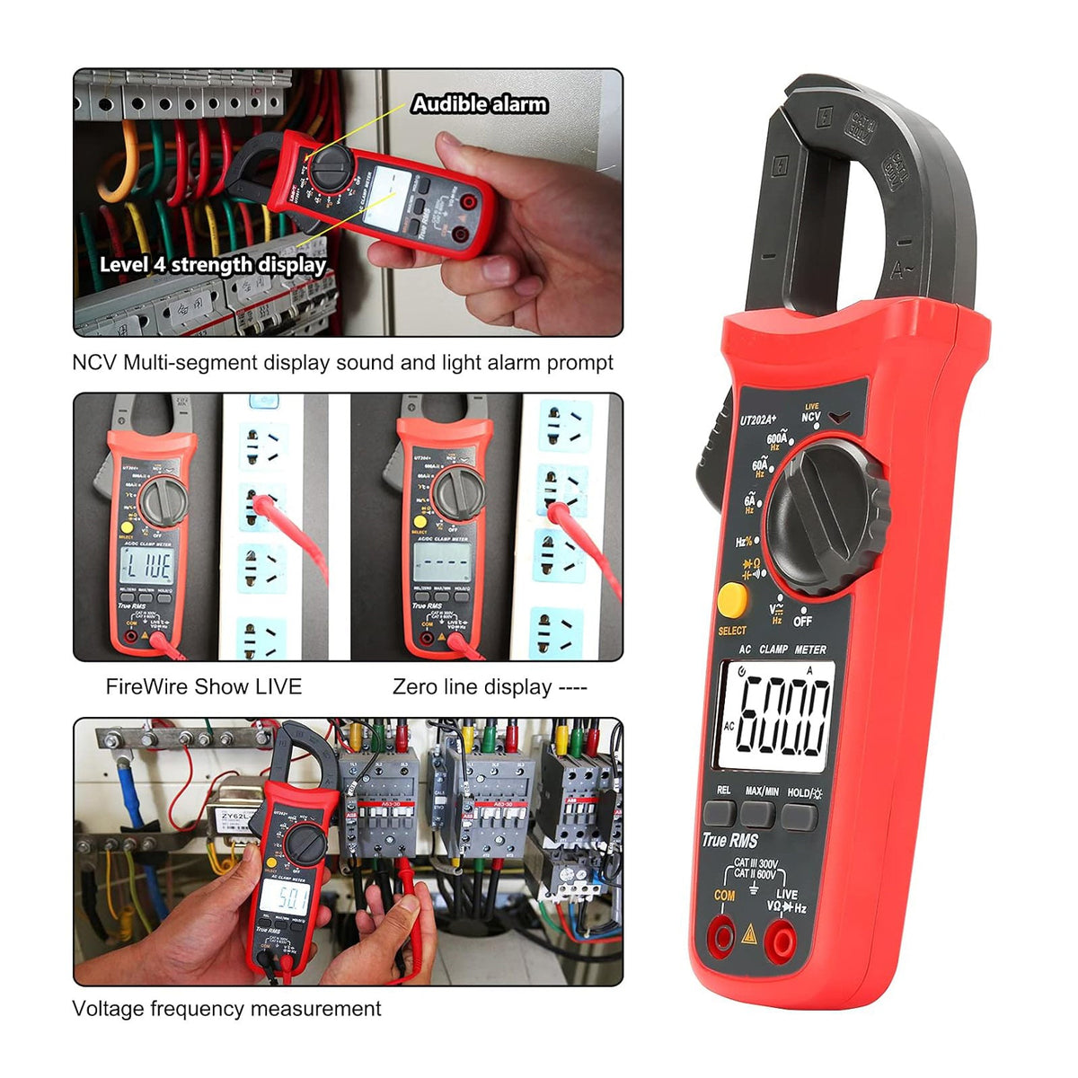 UT202A+ Digitale stroomtang, 6000 tellingen, automatische bereikselectie, True RMS-multimeter, NCV