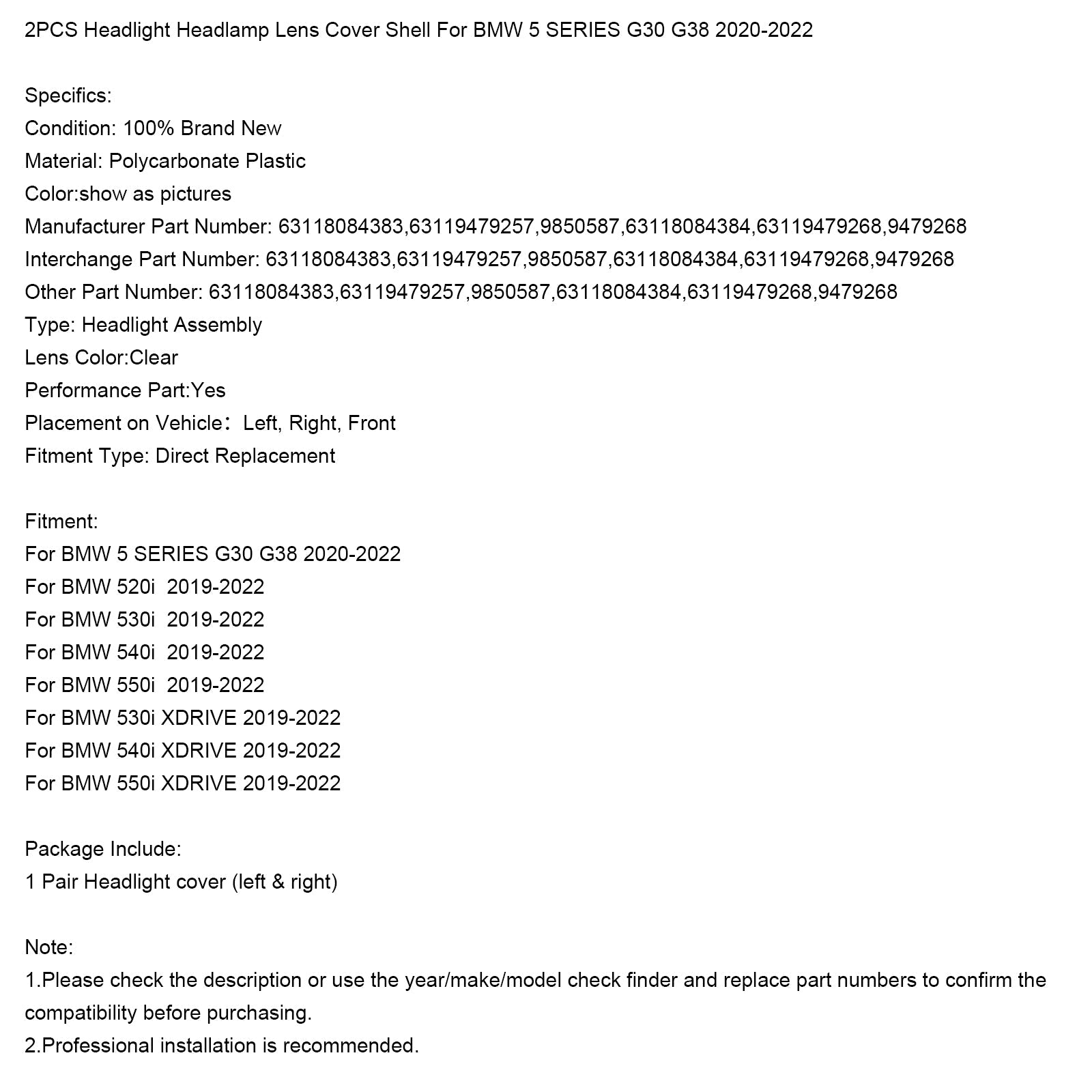 Beschermende schaal voor Front Lighthouse BMW 550I 2019-2022 (2 stuks) 63118084383