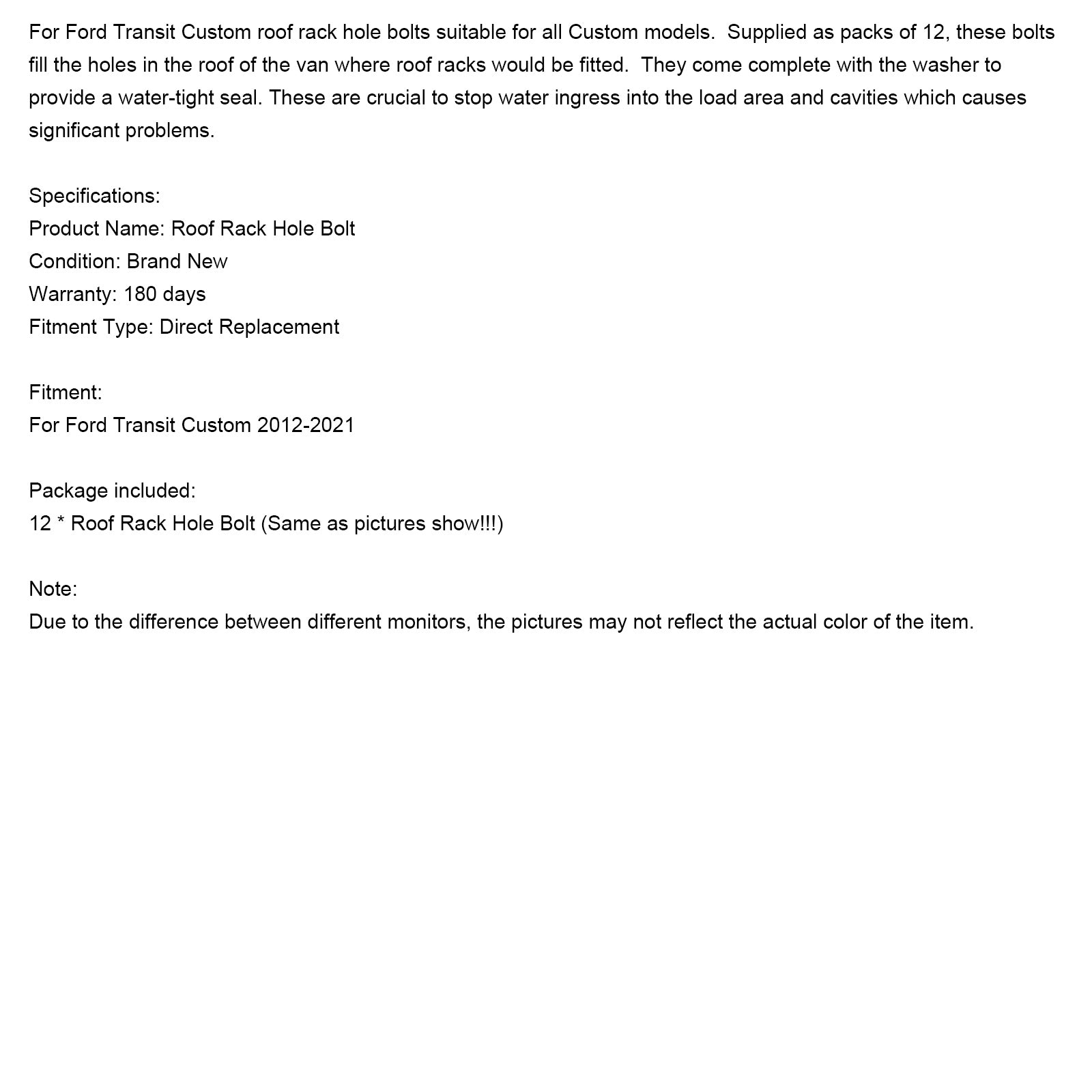 12PCS Roof Rack Hole Bolt Screw W/ Seal Gasket pour Ford Transit Custom 2012-2021