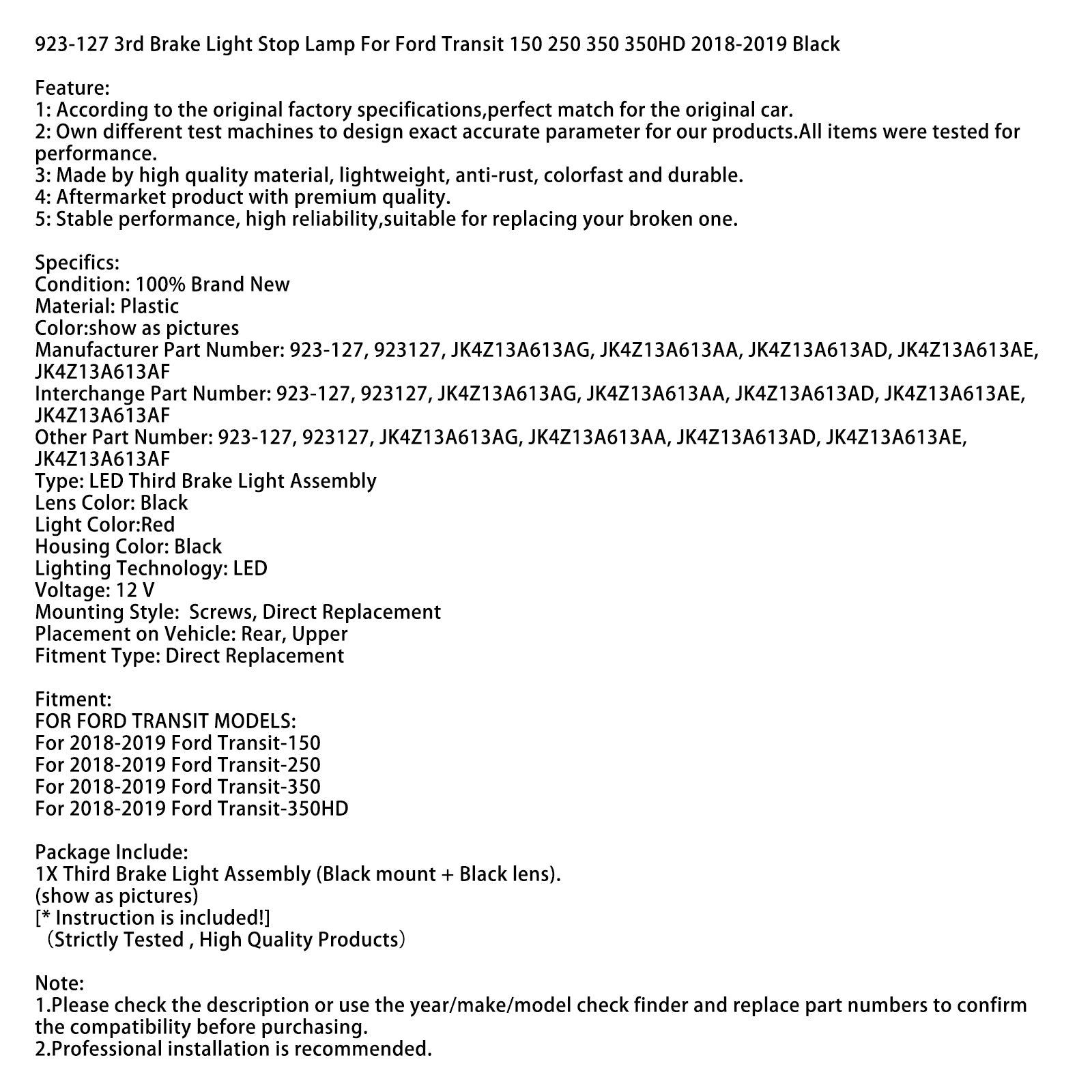 923-127 Troisième feu stop pour Ford Transit 150 250 350 350HD 2018-2019