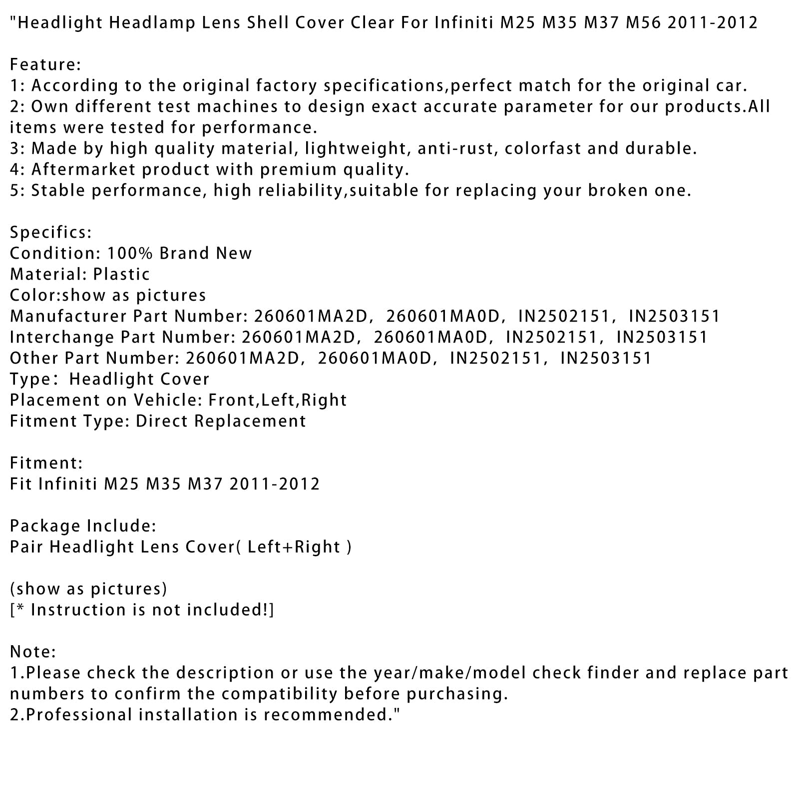 Przezroczysta osłona reflektora dla Infiniti M25 M35 M37 M56 2011-2012