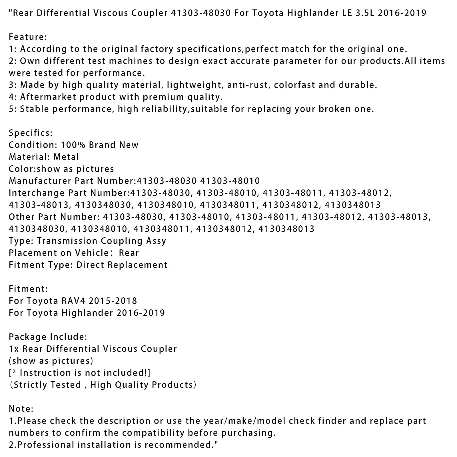 Toyota Highlanderin taka-differentiaalinen Viscocupler 2016-2019 41303-48030 4130348013