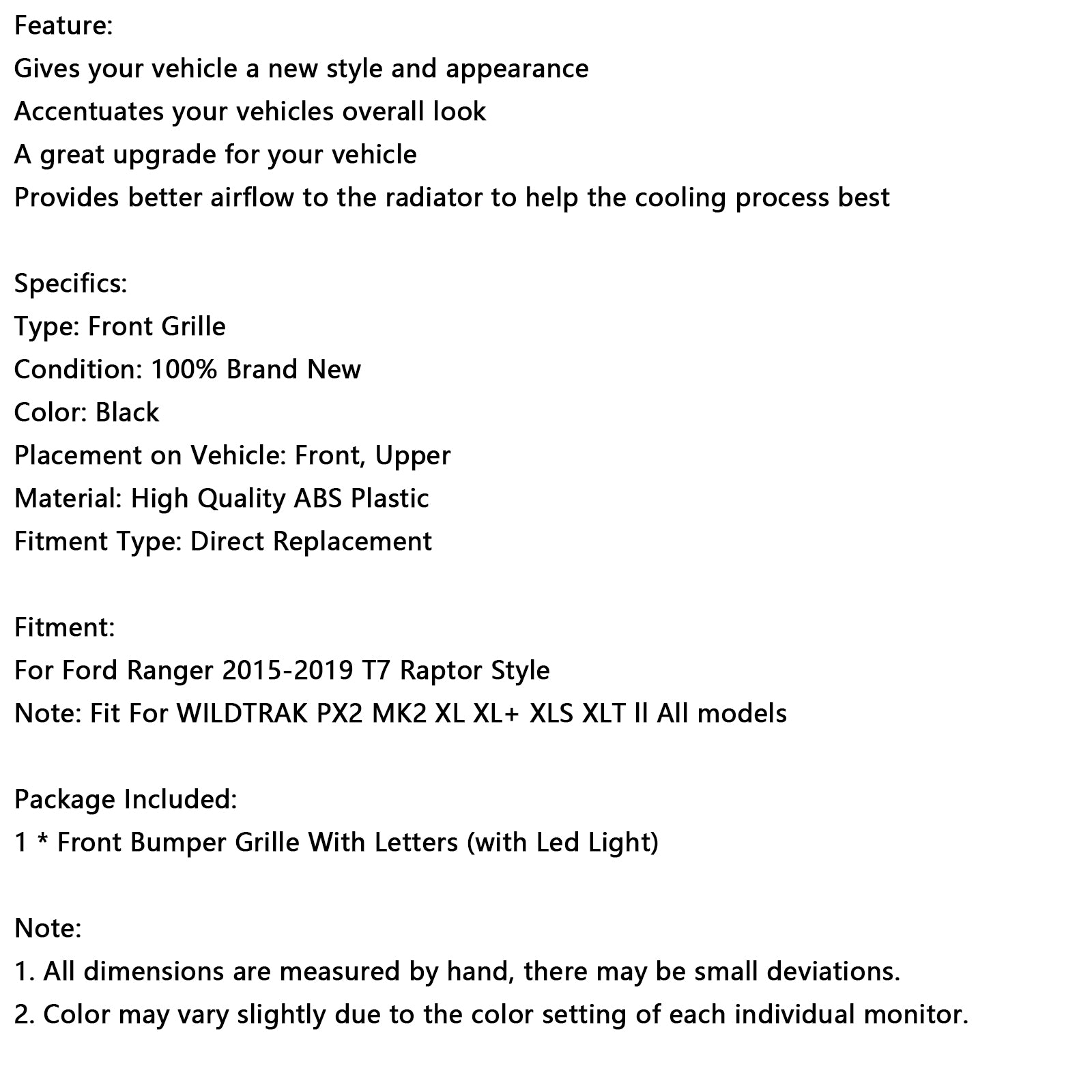 Mat črna rešetka rešetke sprednjega odbijača za Ford Ranger 2015-2019 T7 W/LED