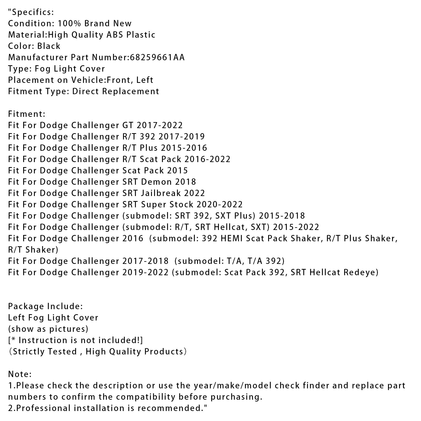 Leva stranska megla lučka za Dodge Challenger 2015-2022 68259661AA