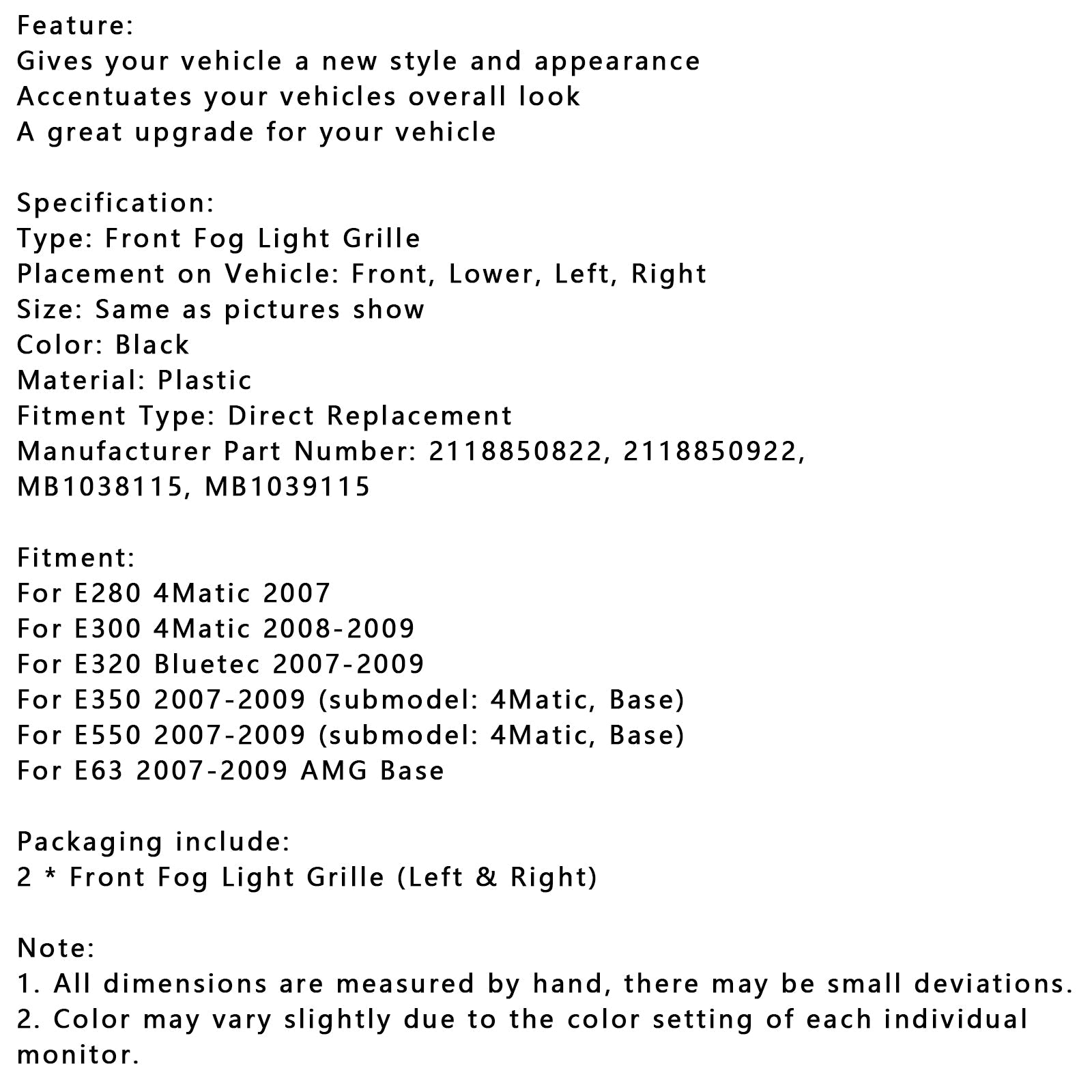Zestaw 2-częściowych nakładek na światła przeciwmgielne Bluetec do Mercedesa Klasy E W211 E320 2007-2009 2118850822 MB1038115