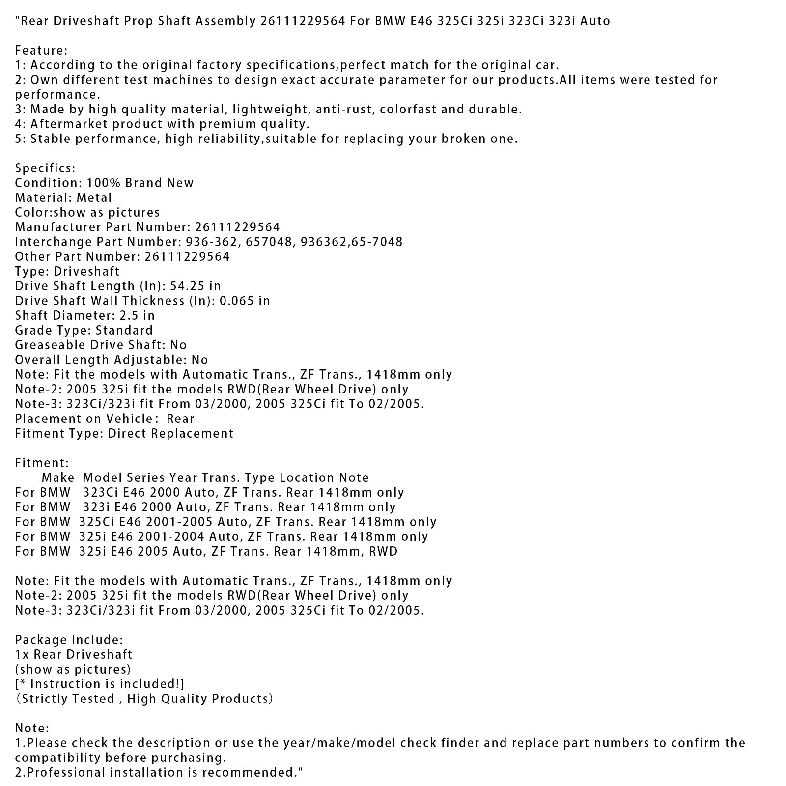 Arbre de transmission arrière pour BMW 323Ci E46 2000, boîte automatique ZF, assemblage d'arbre d'hélice 26111229564
