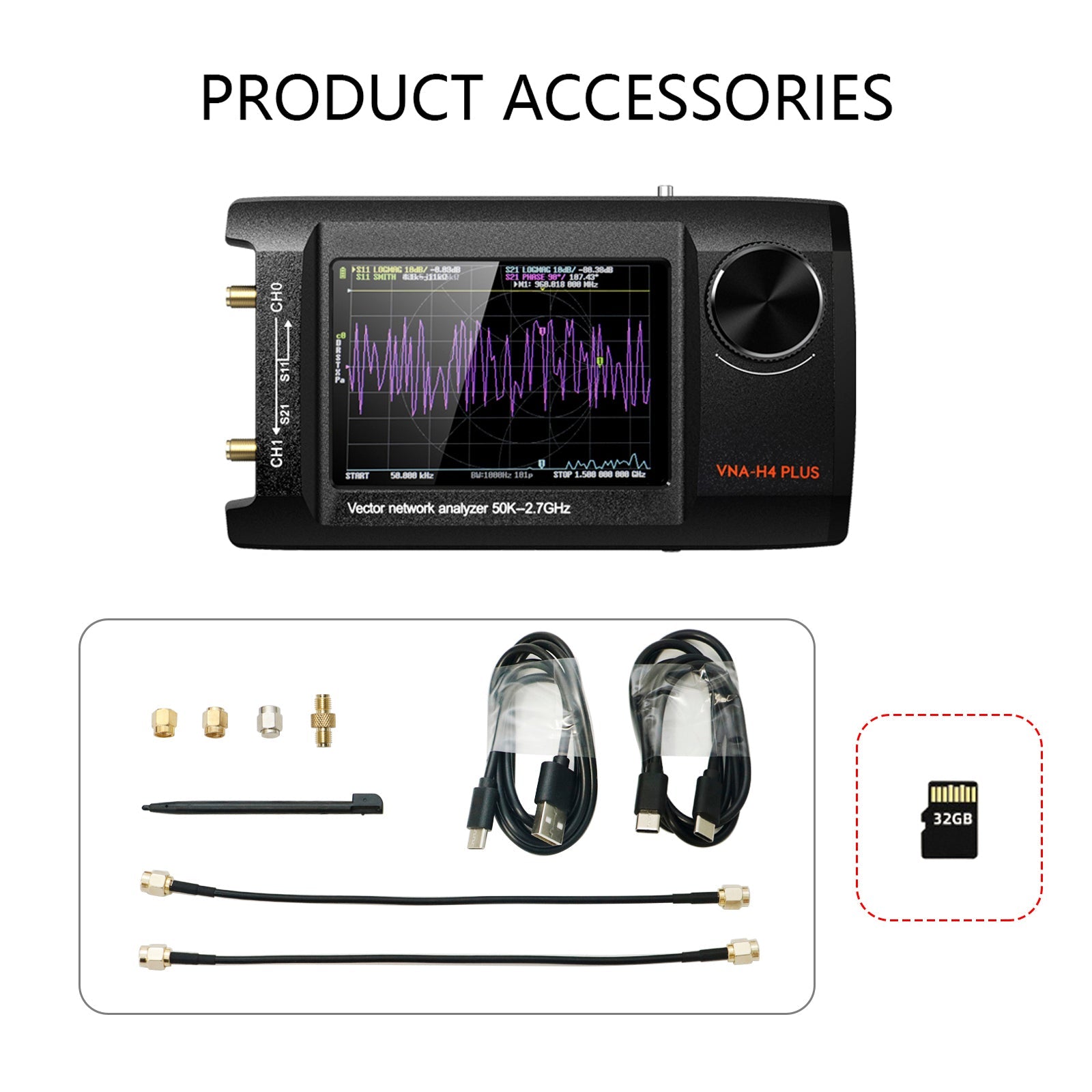 Izboljšan ročni vektorski omrežni analizator NanoVNA Plus 50 kHz–2,7 GHz (4-palčni)