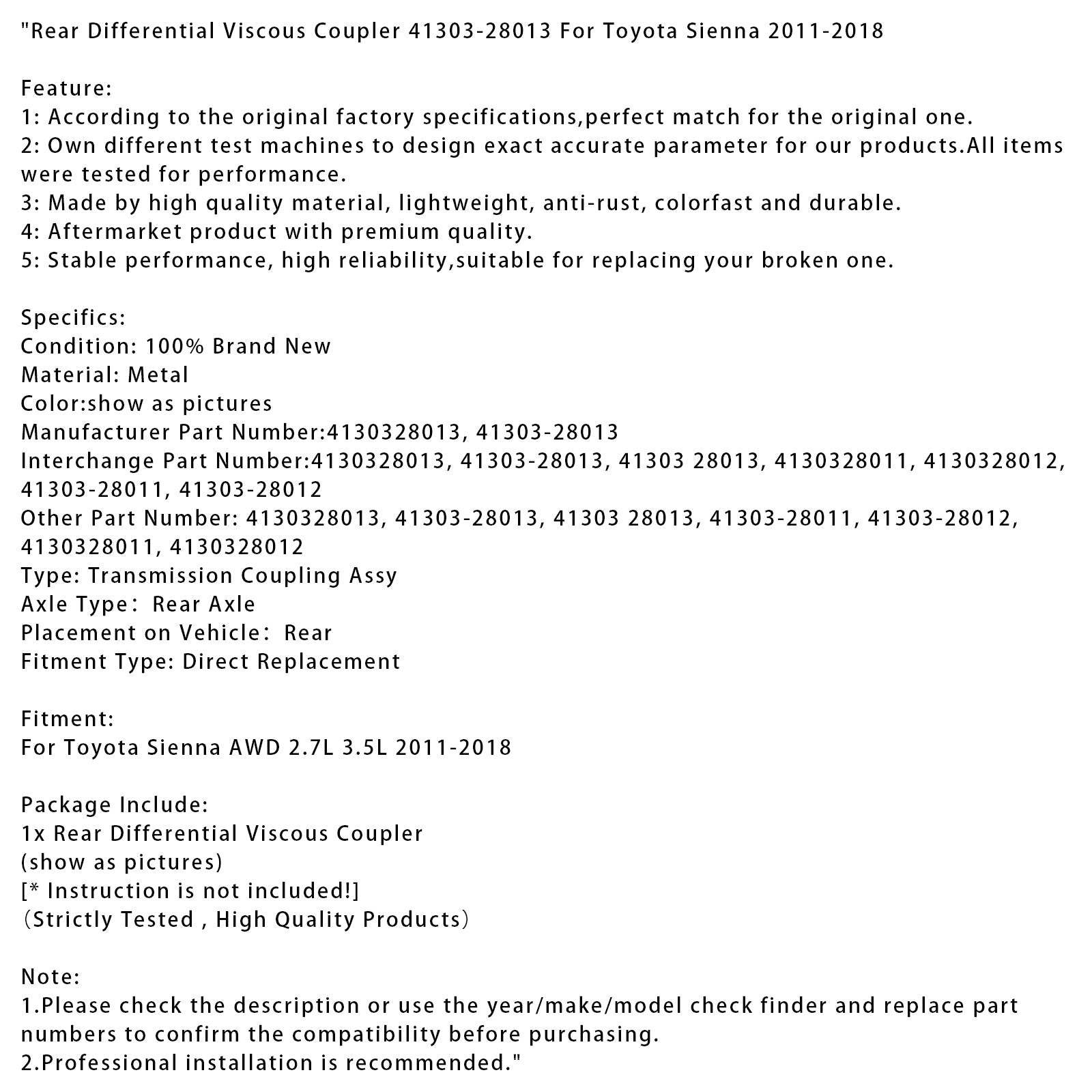 Viscocoupleur de Différentiel Arrière 41303-28013 pour Toyota Sienna 2011 à 2018