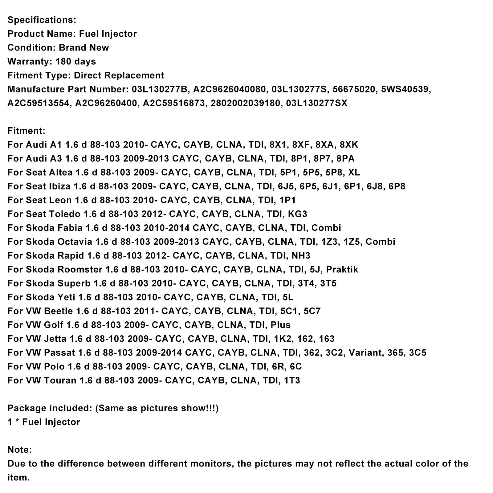 Iniettore carburante 03L130277B A2C9626040080 per Skoda Roomster 1.6 d 88-103 CAYC, CAYB, CLNA, TDI, 5J, Praktik (2010-oggi)'oggi)
