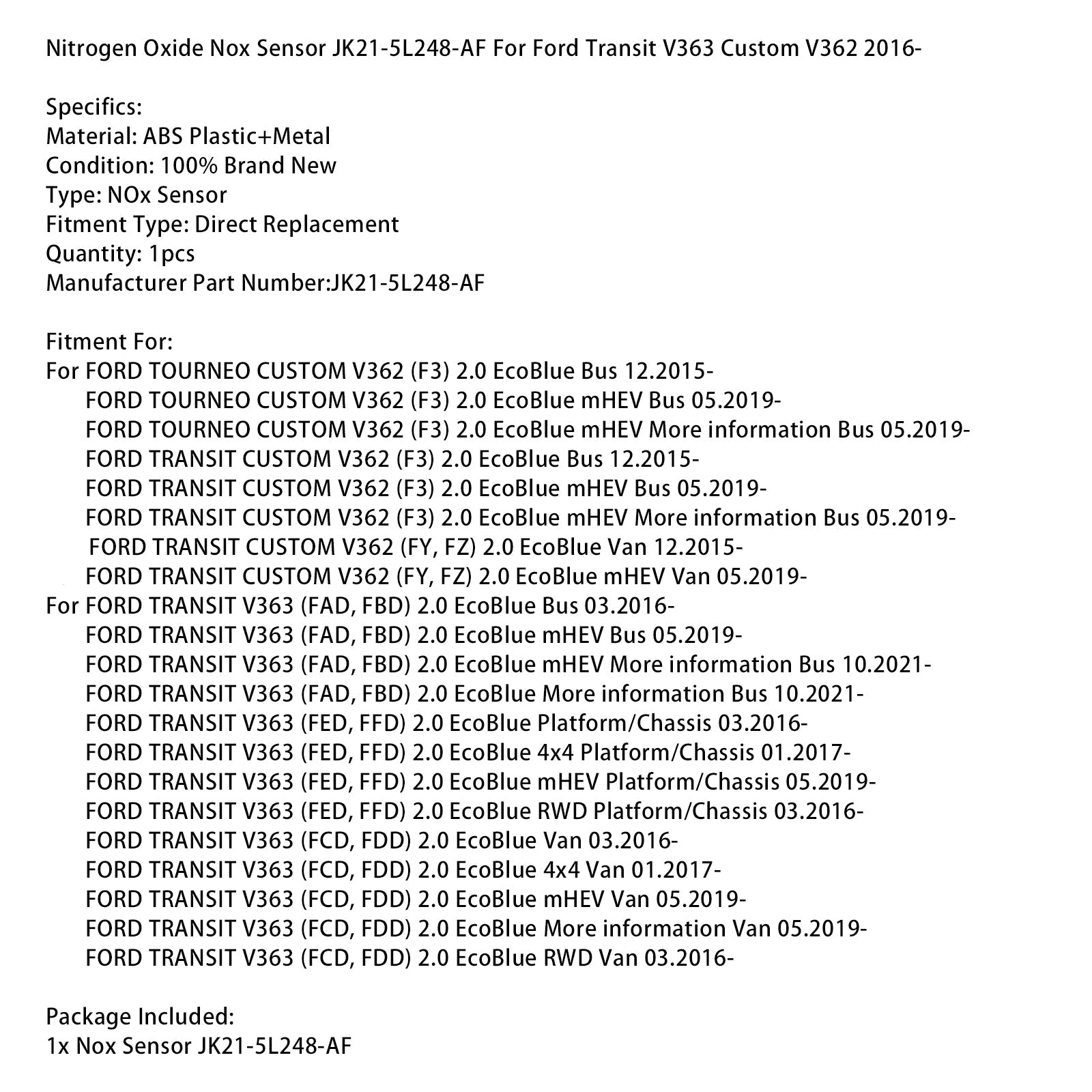 Sensor d'oxide van'stikstof NOX JK21-5L248-AF voor Ford Transit V363 Custom V362 2016-