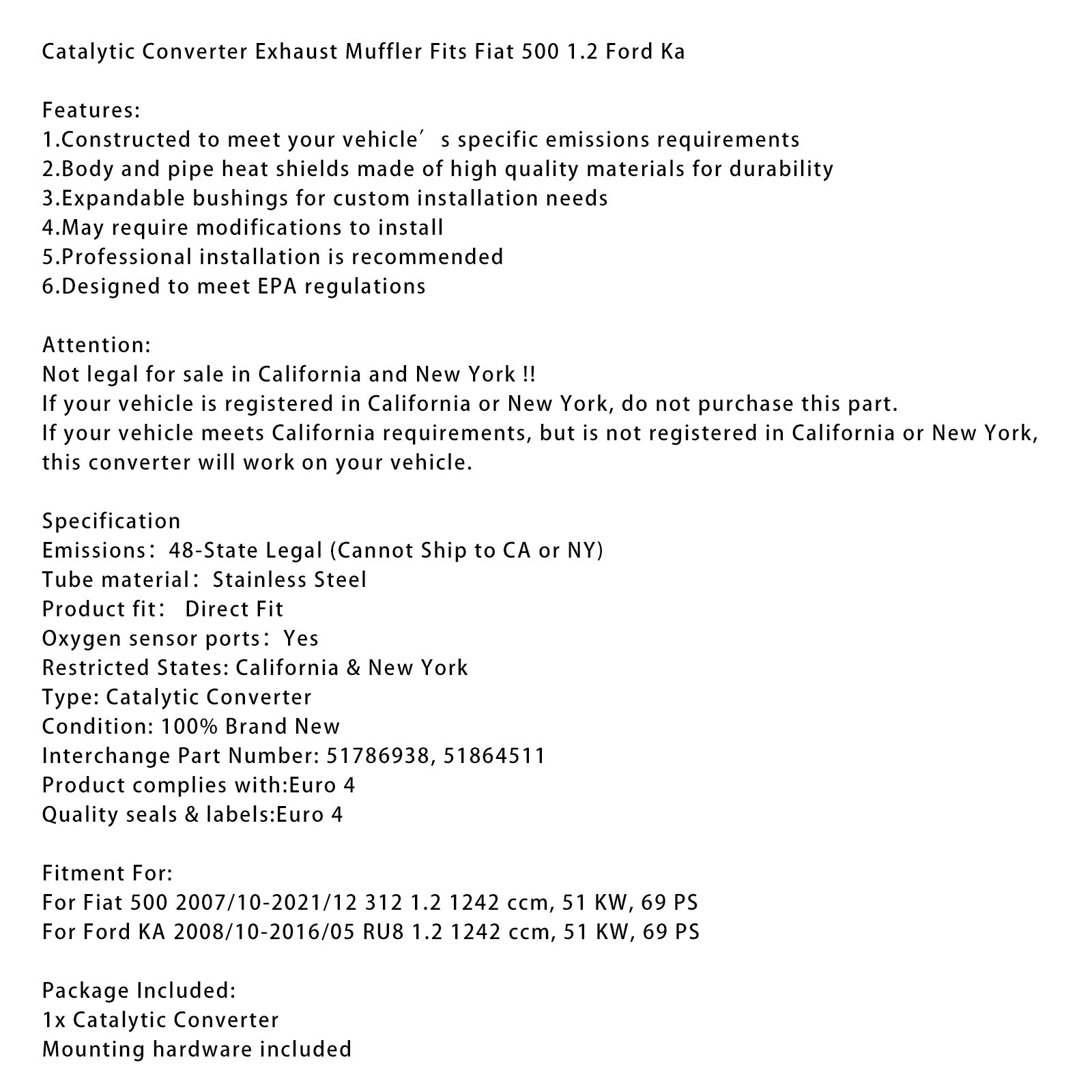 Silencieux d'échappement catalytique 51786938 pour Fiat 500 1.2 Ford Ka