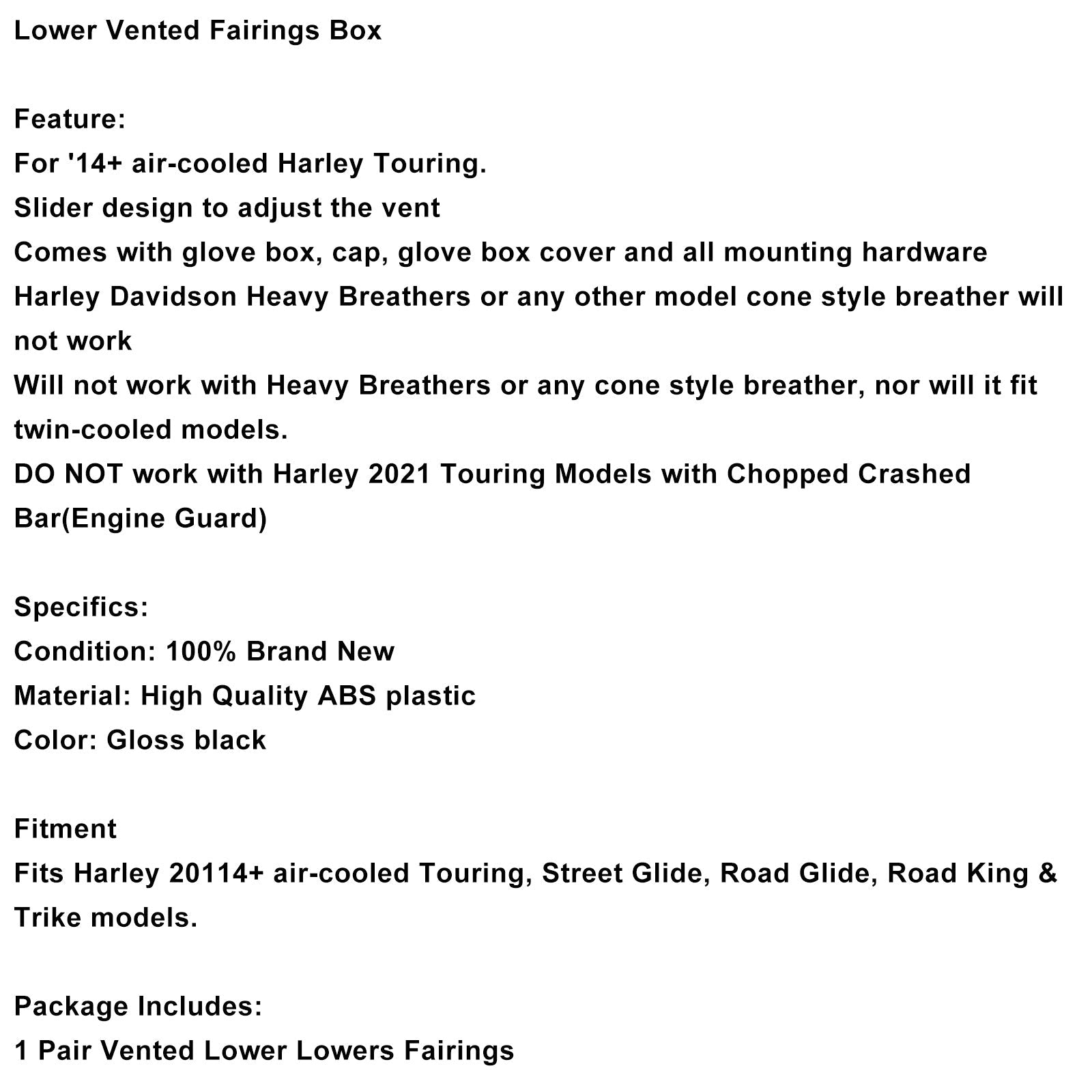 Nižje prezračevane prezračene škatle za Touring Road Street Glide 2014-2024