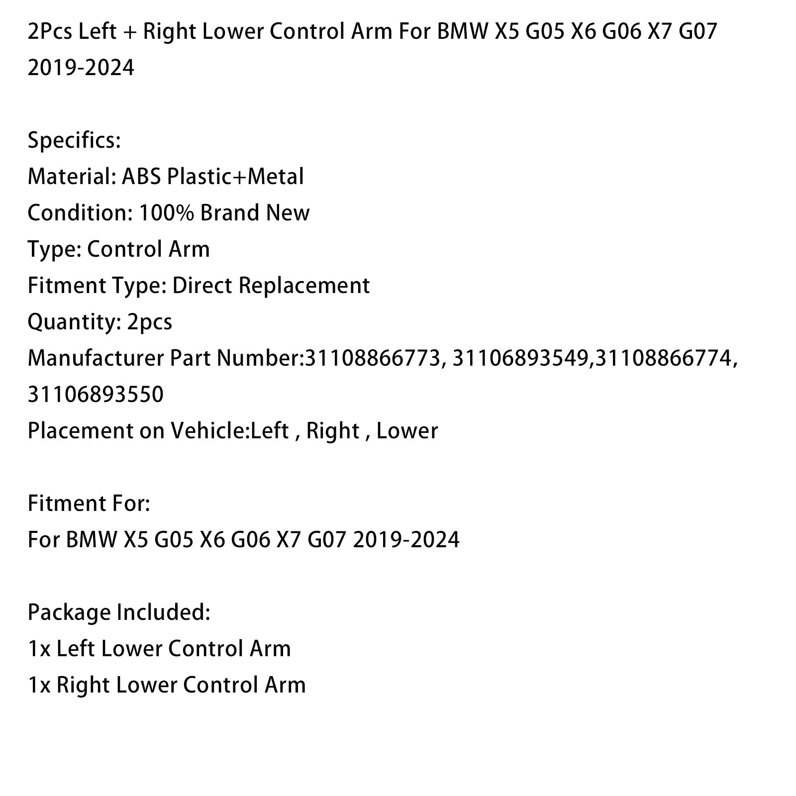 2019-2024 BMW X5 G05 X6 G06 X7 G07 - 2 bras de suspension inférieurs gauche et droit
