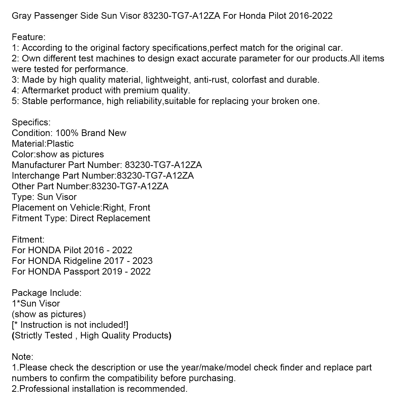 Siva desna stran sonca 83230-TG7-A12ZA za Honda Pilot 2016-2022