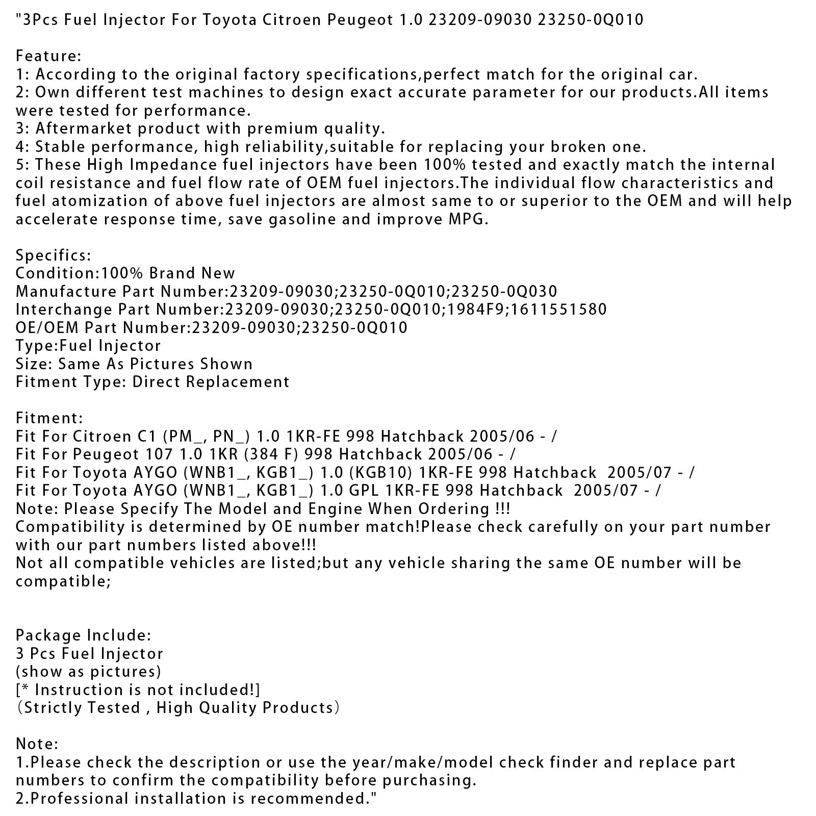 3 inyectores de combustible para Toyota Citroen Peugeot 1,0 23209-09030 23250-0Q010