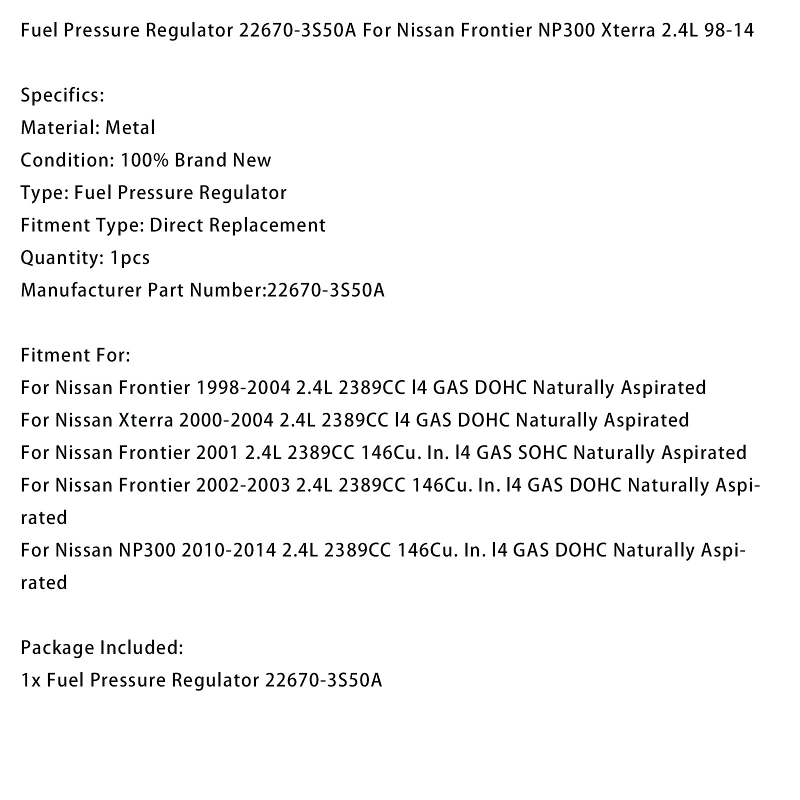 Brandstofdrukregelaar 22670-3S50A voor Nissan Frontier NP300 Xterra 2.4L 98-14